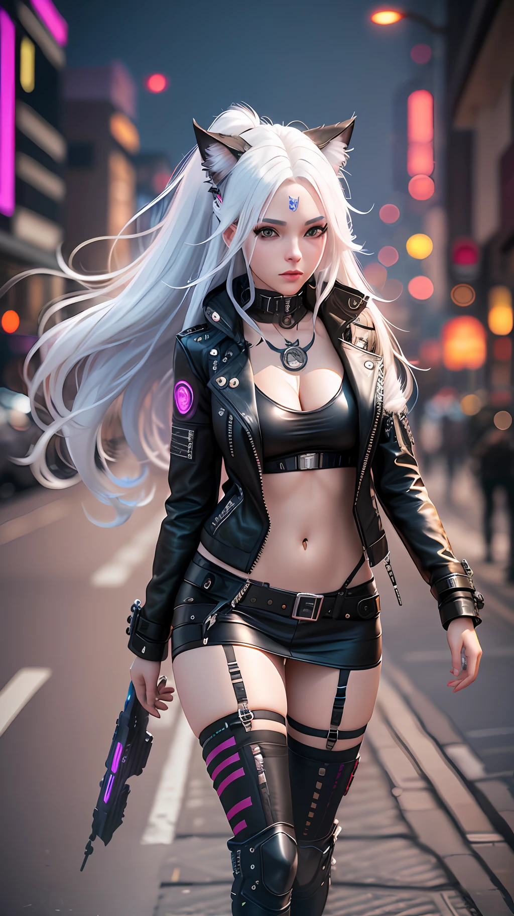 a beautiful photorealistic cyberpunk catgirl with long white hair, black leather jacket, ((Best quality)), ((masterpiece)), (detailed: 1.4), 3D, cyberpunk