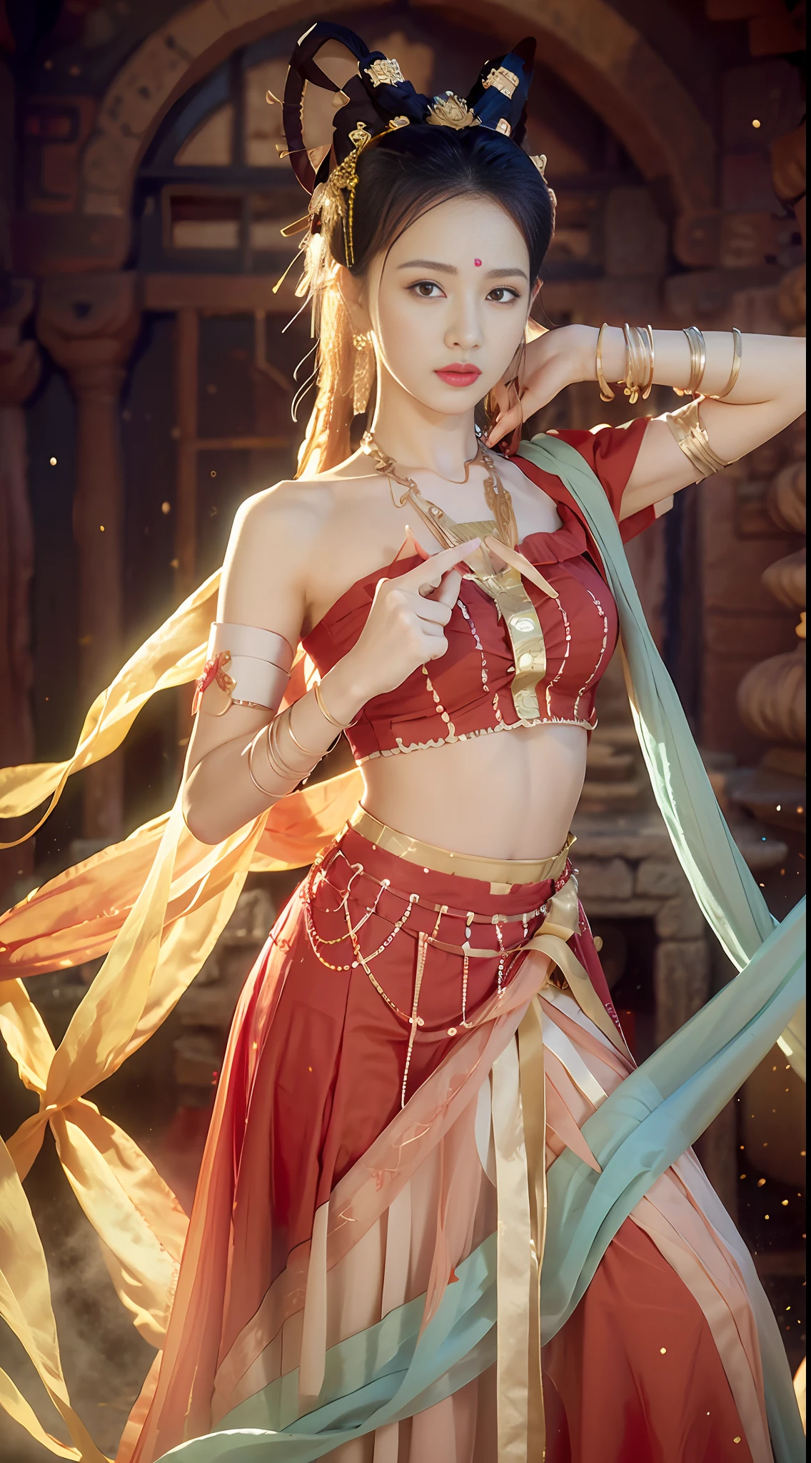 (8k, RAW photo, best quality, masterpiece:1.2), (realistic, photo-realistic:1.4), (extremely detailed CG unity 8k wallpaper), (1 girl:1.5), Western beauty, (Red clothes: 1.4), red spots on forehead, pale skin, blush, big eyes, full body, thighs, open navel, gold waist chain, gold jewelry, flying ribbons, particles, background is Loulan ancient city, ancient city wall, desert, dance, dunhuang_dress, dunhuang_style,