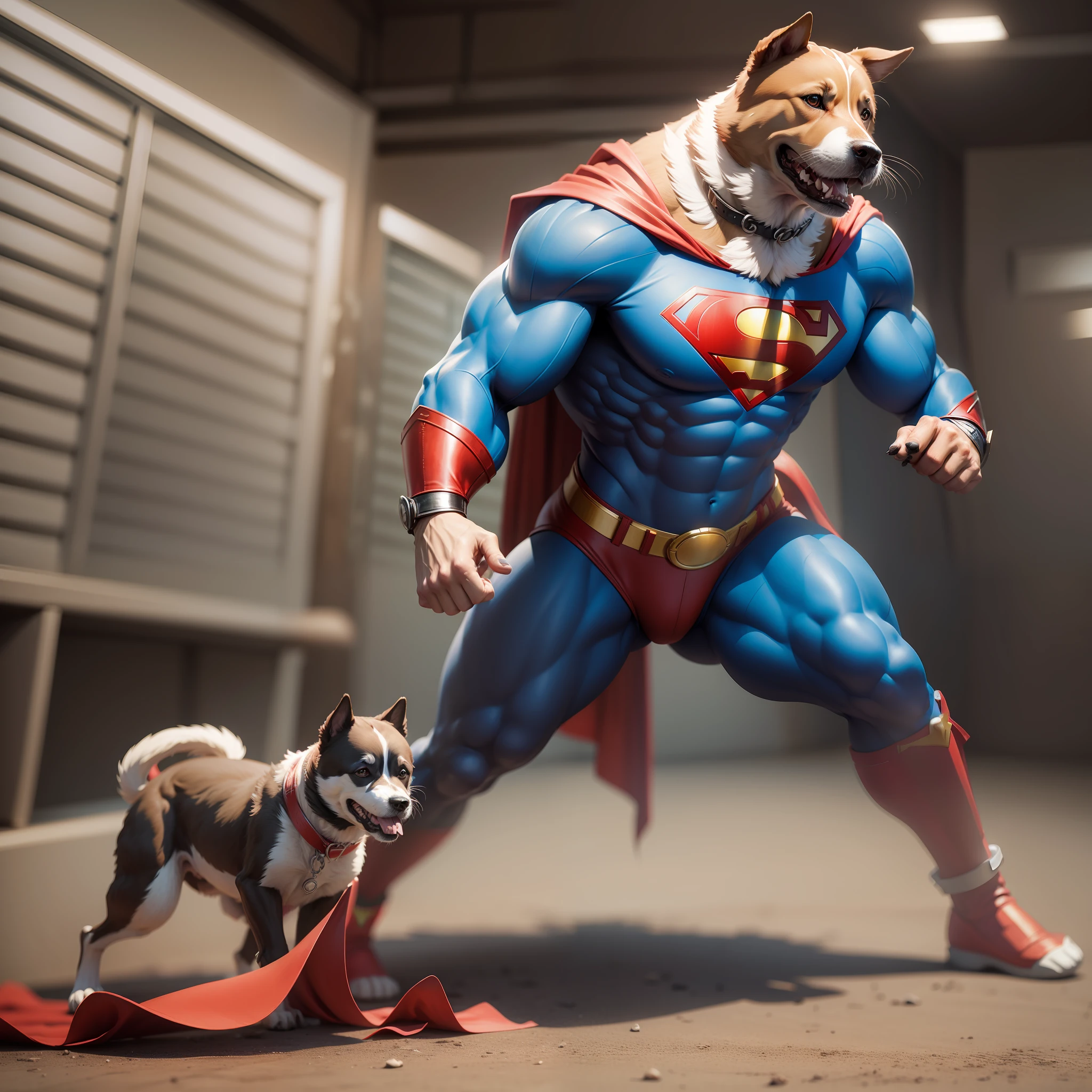 Dog as Superman, Humanoid, 3D, Full Body, Realistic