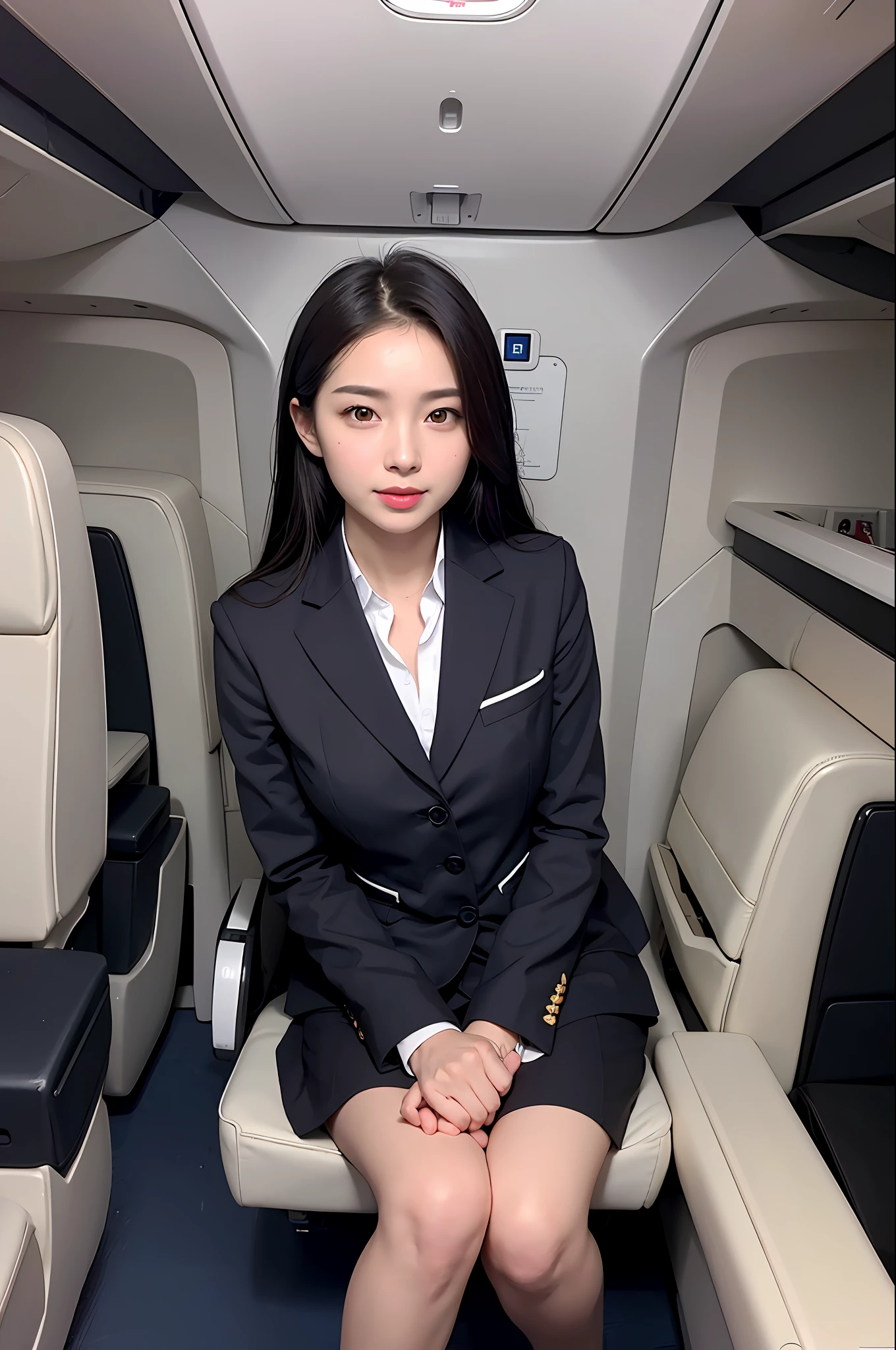 top quality, masterpiece, 8K, Ultra HD, (realistic: 1.4), 1 girl, beautiful face, symmetrical eyes, large, perfect body proportions, flight attendant uniform, spectator appearance, (aircraft interior: 1.2), front view, shoulder jump, absolute area (1.3), best quality