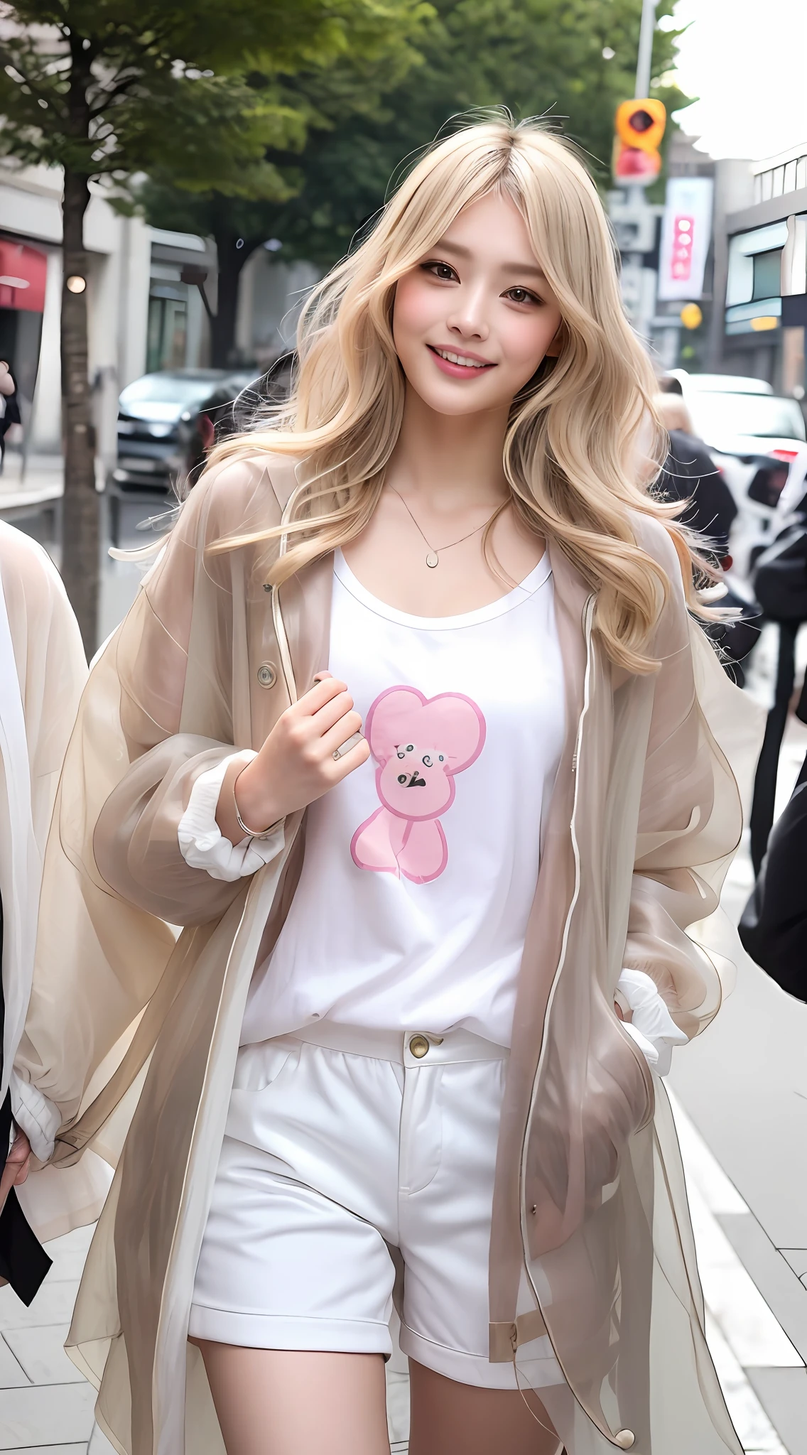 Harajuku fashion, A fit(male) in a white sheer fabric A-shirt, (loose & oversize light jacket:1.27), smooth skin, short pants, (platinum:1.25)brown hair, (Haircut For Wavy Hair), dynamic pose, ((puffy eyes)), (flowing hair), smile, happy, happiness, high detailed skin, skin pores, stunning innocent symmetry face, long eyelashes, black eyeliner, light golden eyeshadow, light pink nose blush, outdoors, Harajuku street, (wind), (NSFW:1.3)