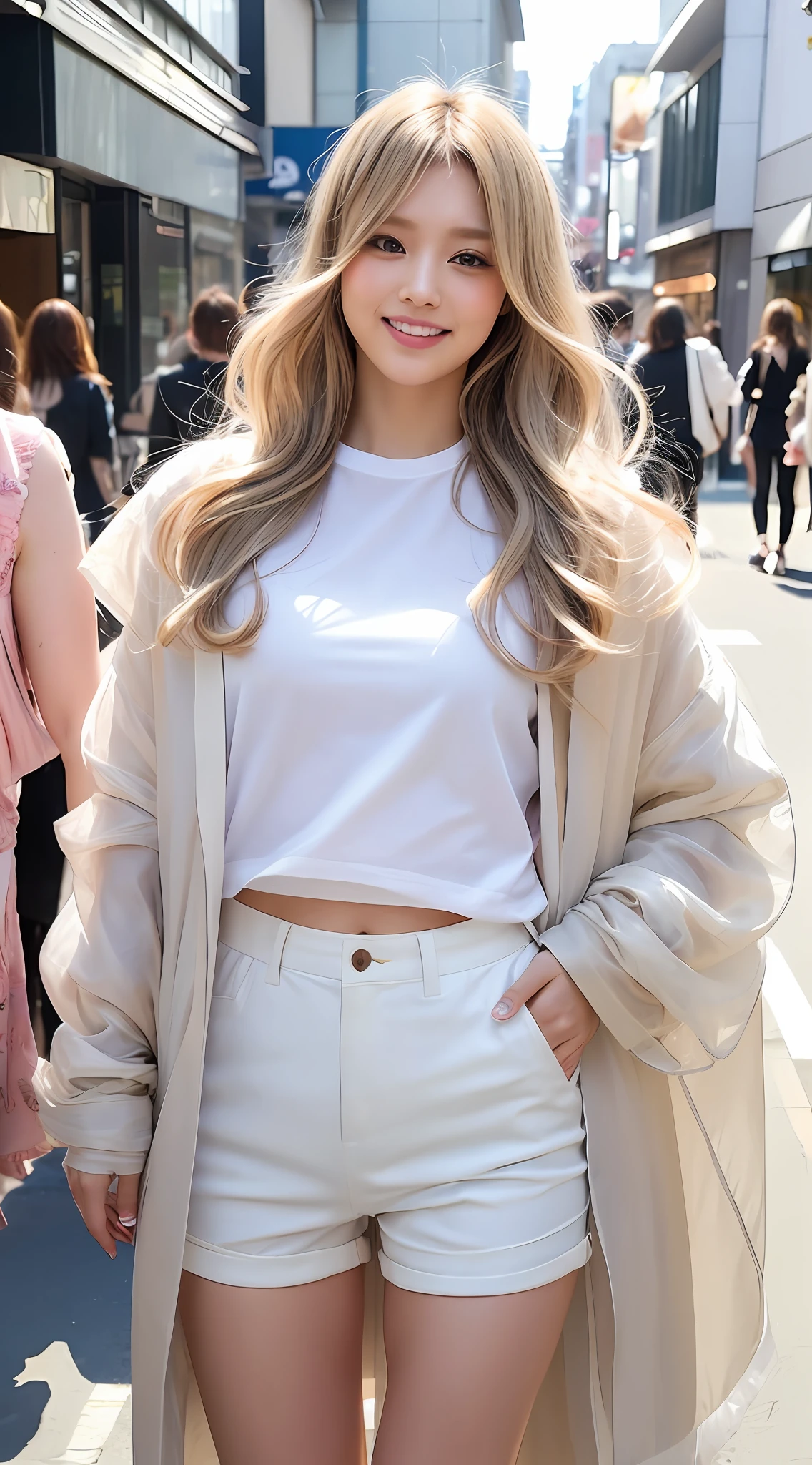 Harajuku fashion, A fit(male) in a white sheer fabric A-shirt, (loose & oversize light jacket:1.27), smooth skin, short pants, (platinum:1.25)brown hair, (Haircut For Wavy Hair), dynamic pose, ((puffy eyes)), (flowing hair), smile, happy, happiness, high detailed skin, skin pores, stunning innocent symmetry face, long eyelashes, black eyeliner, light golden eyeshadow, light pink nose blush, outdoors, Harajuku street, (wind), (NSFW:1.3)