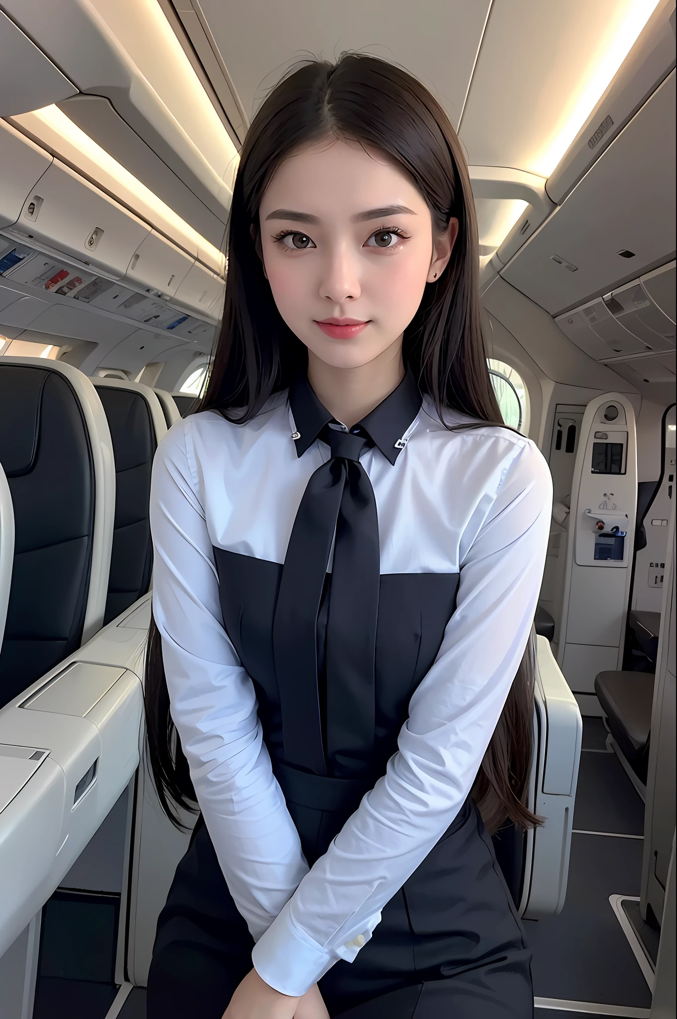 top quality, masterpiece, 8K, Ultra HD, (realistic: 1.4), 1 girl, beautiful face, symmetrical eyes, large, perfect body proportions, flight attendant uniform, spectator appearance, (aircraft interior: 1.2), front view, shoulder jump, absolute area (1.3), best quality