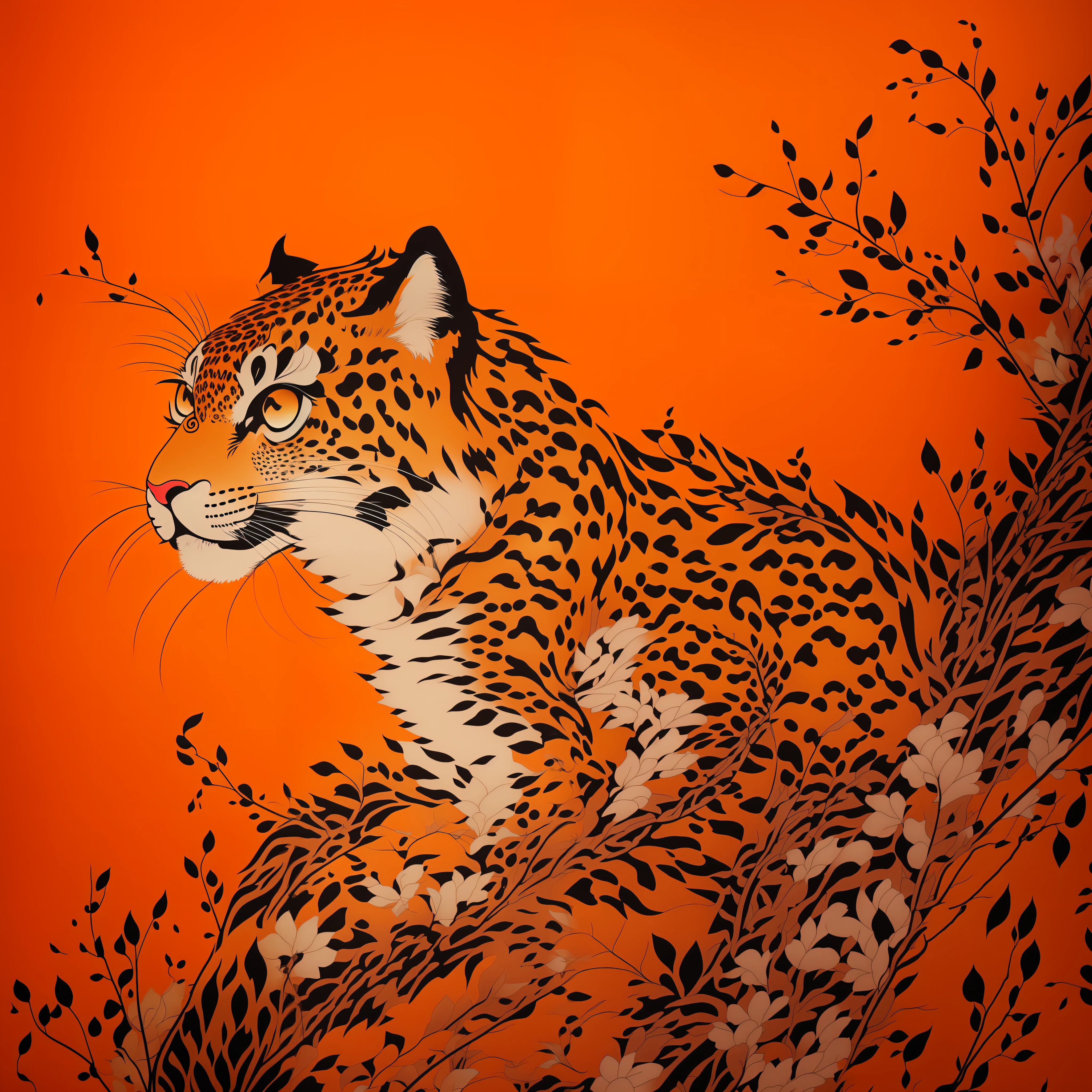 Close-up of an ancient Chinese adult leopard painting with fierce expression, ashuras in Chinese mythology, ancient Chinese art style, Wen Boren, light orange Chinese leopard fantasy, mythical creatures, Chinese leopard concept art, ancient Chinese gorgeous, Chinese mythology, ink flower, inspired by Puhua, an ancient creature, qigong, single close-up, with body