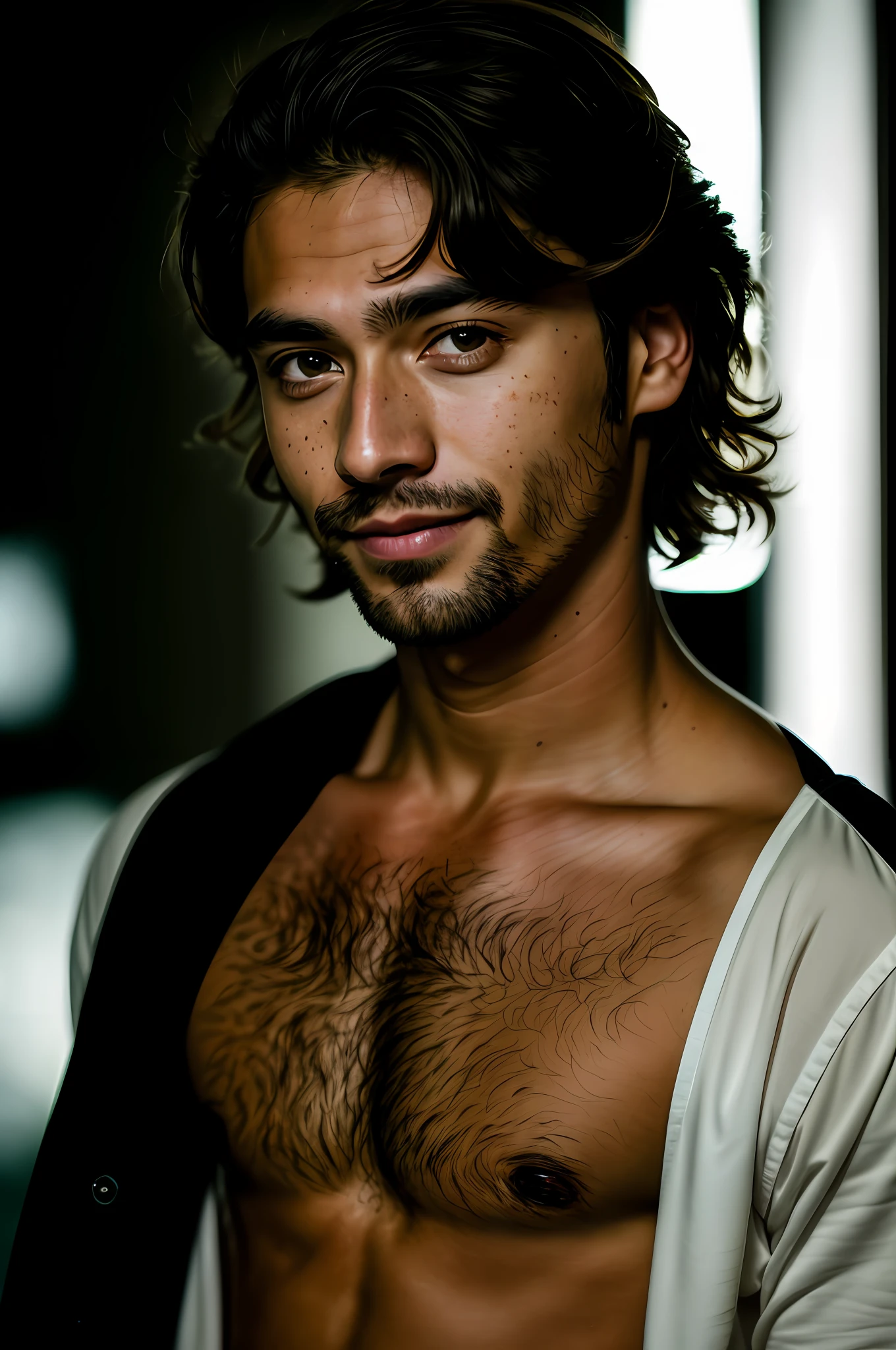(RAW photo) night scene, close-up photo of a sexy man, posing, looking at the viewer, smiling, handsome young face, 18 yo, soft volumetric lights, soft key and fill lighting, (backlit: 1.3), (cinematic: 1.3), intricate details, (ArtStation: 1.2), skin spots, (freckles: 0.9), detailed eyes, micro details, FUJI XT3, photorealistic, photorealism