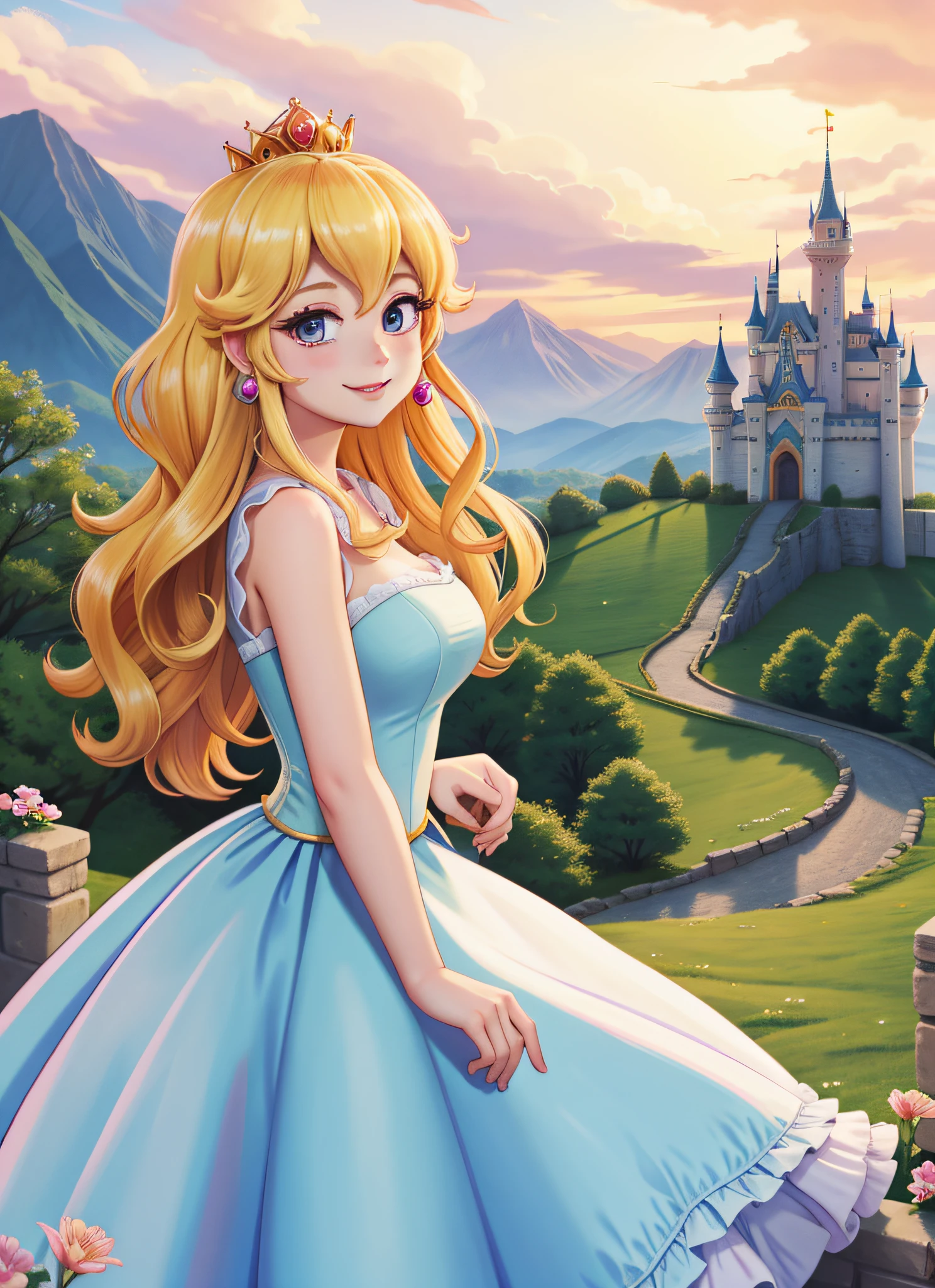 Portrait of Princess Peach, delicate, smiling, princess dress, castle, foliage, mountains, dreamlike, nebulous, Hearthstone, (masterpiece:1.2) (illustration:1.2) (best quality:1.2) (cinematic lighting) (sharp focus)