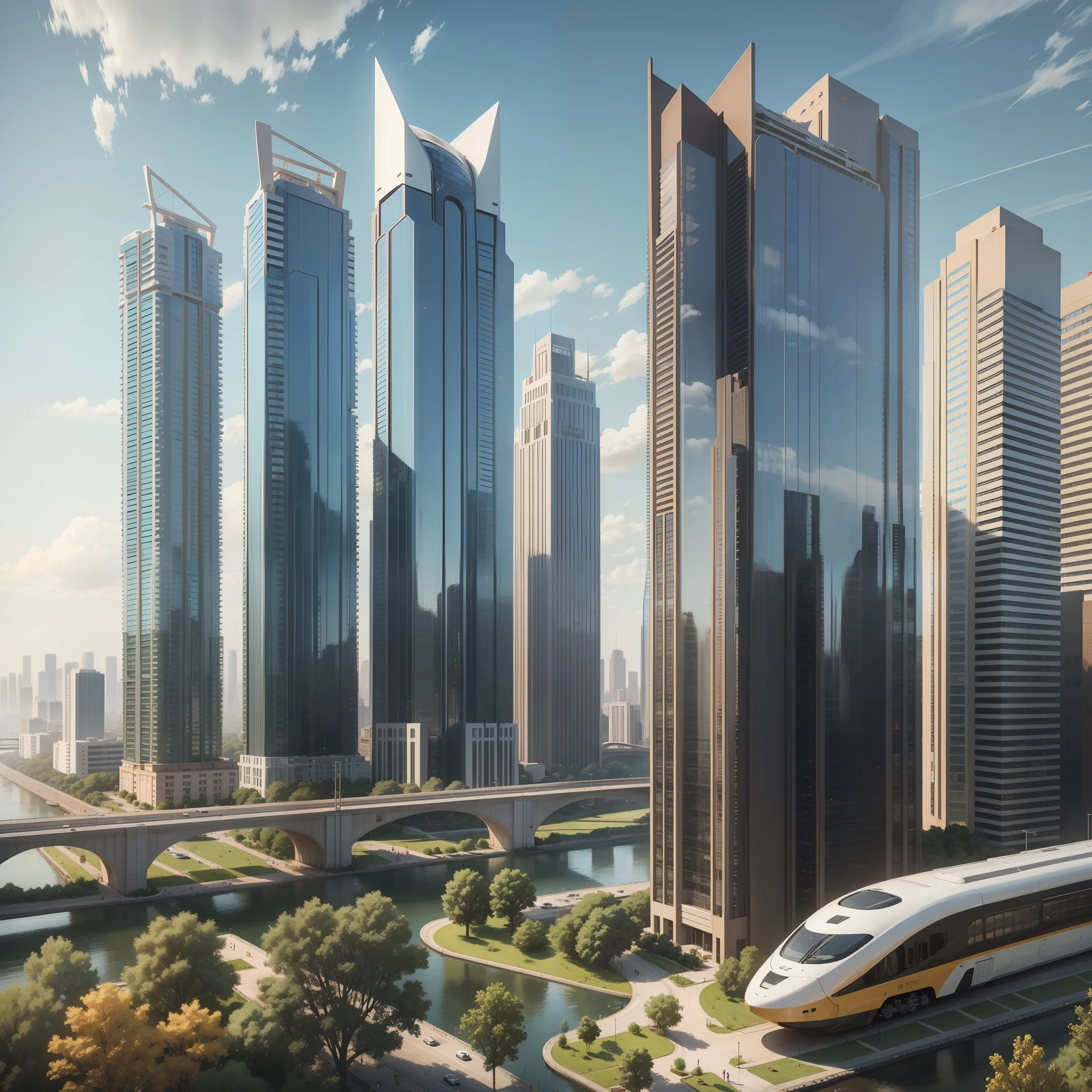 High-rise buildings in prosperous cities, river view high-speed rail --auto --s2