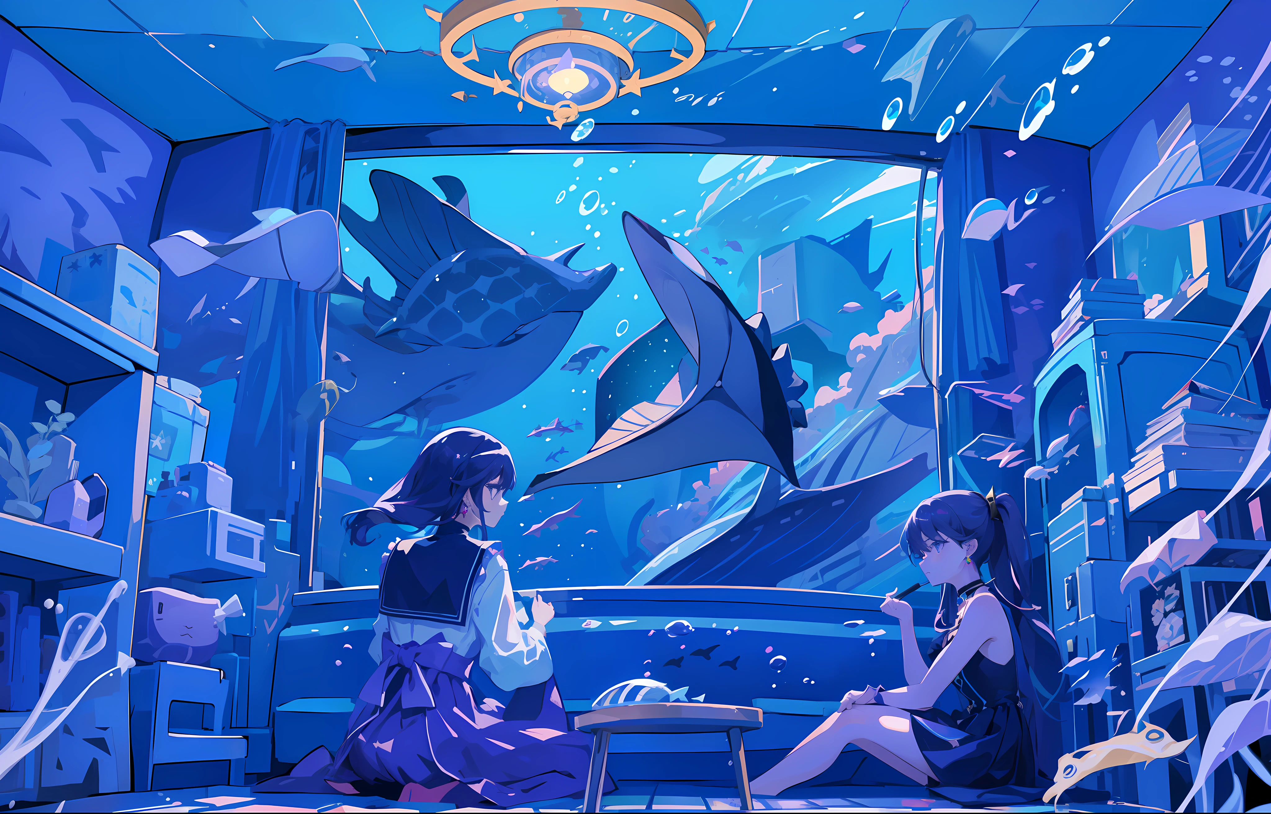 (1girl), ((underwater)), illustration, Mona \(Genshin Impact\), choker, star \(symbol\), long hair, dark purple hair, shimmering ponytails, blue eyes, shining eyes, glowing eyes, sad face, crying face, eyes with stars, earrings, gold jewelry, purple skirt, purple dress, white apron, bangs, floating dress, landscape, night, reflection, water, magic, deep sea, darkness underwater, drowning, drowning