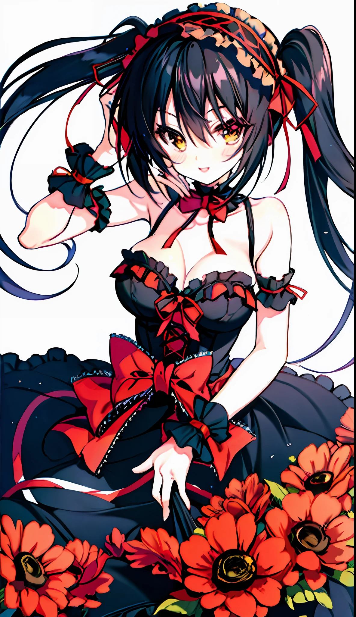 18 year old beautiful girl, masterpiece, top quality, 8K anime, 1 girl, detailed fingers, precise fingers, not unnatural hands, odd eyes, black hair twin tails, kurumi tokizaki, large breasts,