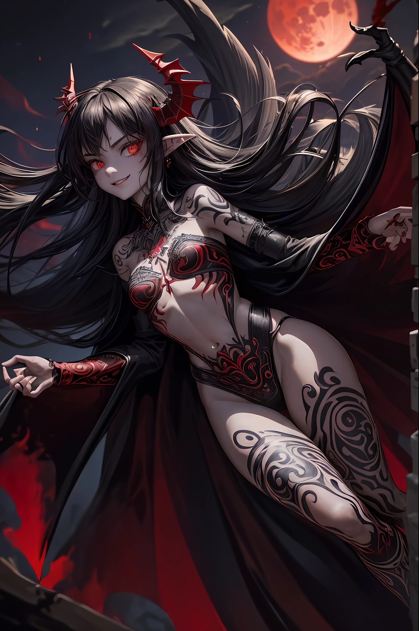 (Masterpiece: 1.2, highest quality), (Best lighting, very delicate and beautiful), (Best lighting, very delicate and beautiful), (Beautiful Detailed Face), (Detailed Eyes and Detailed Face: 1.2), Dark Fantasy, (Young Girl, Little Beast, 1girl, Solo, Crazy Smile, Pale Skin,Piercing,((tattoos all over the body,Tribal tattoos all over the legs)) gray hair, red glowing eyes, Dynamic Angle, Vampire), (Get Vampire Castle in the Background), (Red Moon, Red Sky), pointy_ears, Fangs, Ogre Wings, Demon Horns, Blood on Face, Blood Rain, Blood Mist, (Depth of Field), High Contrast, (Blood Splash: 1.4), Cowboy Shot, Full Body, Nightgown