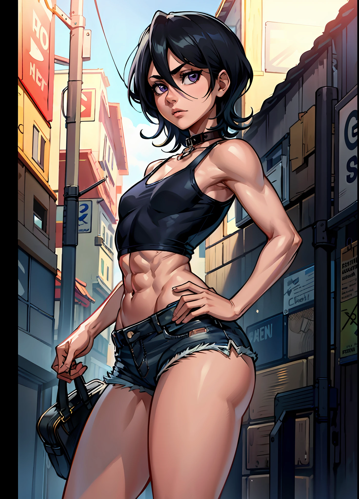 ((small breasts, tomboy girls, small head, wide hips, firm ass)), daylight, sunlight, (chiseled abs: 0.7), (perfect body: 1.1), (short wavy hair: 1.2), rukia, black hair, hair between the eyes, purple eyes, collar, chain, full body shot, crowded street, in black tank top, denim jacket, ((shorts)), (extremely detailed CG 8k wallpaper), (extremely delicate and beautiful), (masterpiece), (best quality:  1.0), (Ultra High Resolution: 1.0), Beautiful Lighting, Perfect Lighting, Realistic Shadows, [High Resolution], Detailed Skin, Super Detail