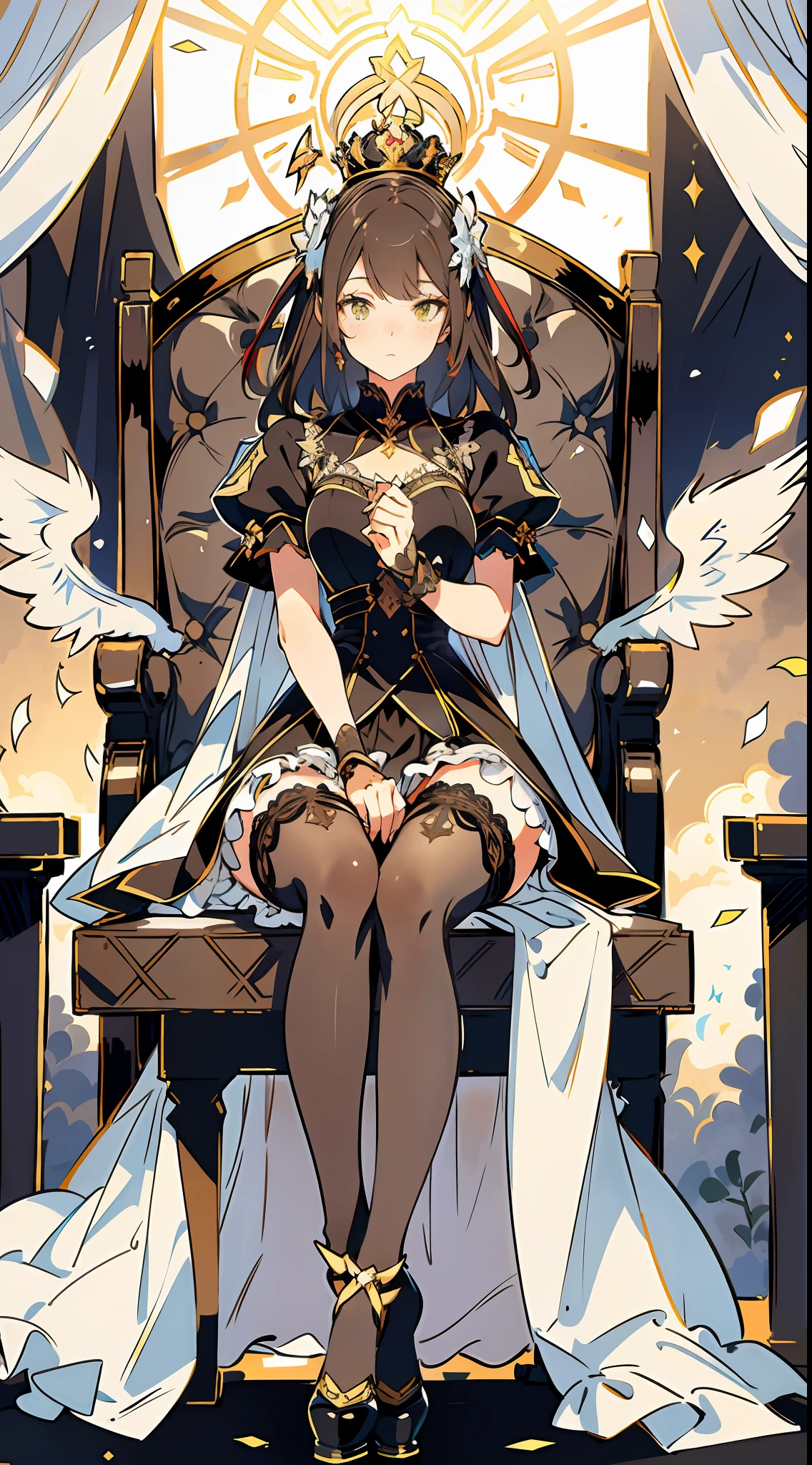 (Masterpiece:1.2), best quality, (illustration:1.2), (ultra-detailed), hyper details, (delicate detailed),(focus on panties), black lace panties, spread legs,lace stockings, perky, (intricate details), (cinematic light, best quality Backlights), clear line, from below, solo female, perfect body, (1girl), brown hair, glowing yellow eyes, (emperor, black see-through clothes),(crown:1.1), sitting on Throne, slightly close eyes, looking downward, turn head, ( embarrassed:1.2), ((makeup)), high contrast, (best illumination, an extremely delicate and beautiful), ((cinematic light)), colorful,