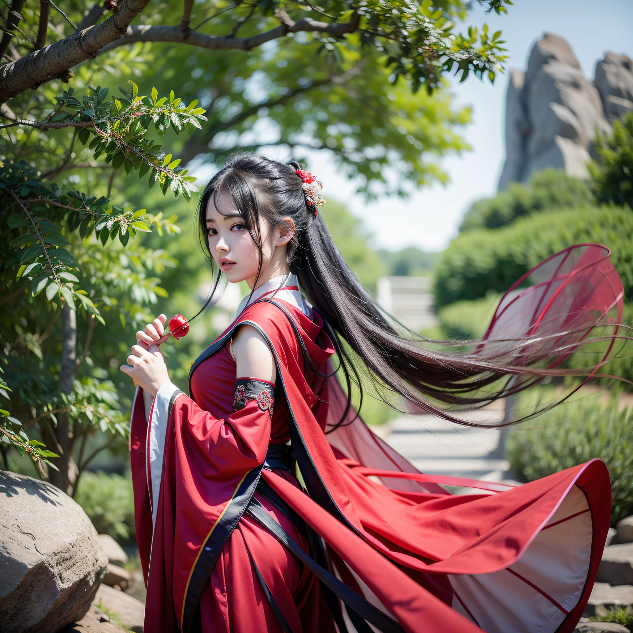 a mystery shot of a woman in a red dress dancing on a rock at the shore, a red fairy hanfu, birth of the universe, bright red cape on her back, cover her eyes and, freestyle, free from eveything mindset, freedom vibe, nothing to afraid her, bravely, winning every war mindset, floating red cape, dancing freely, fairytale style, mystery beautiful, japanese gate on the stone background, red thin cloth fairy hanfu, long and floating hanfu, covering her eyes with