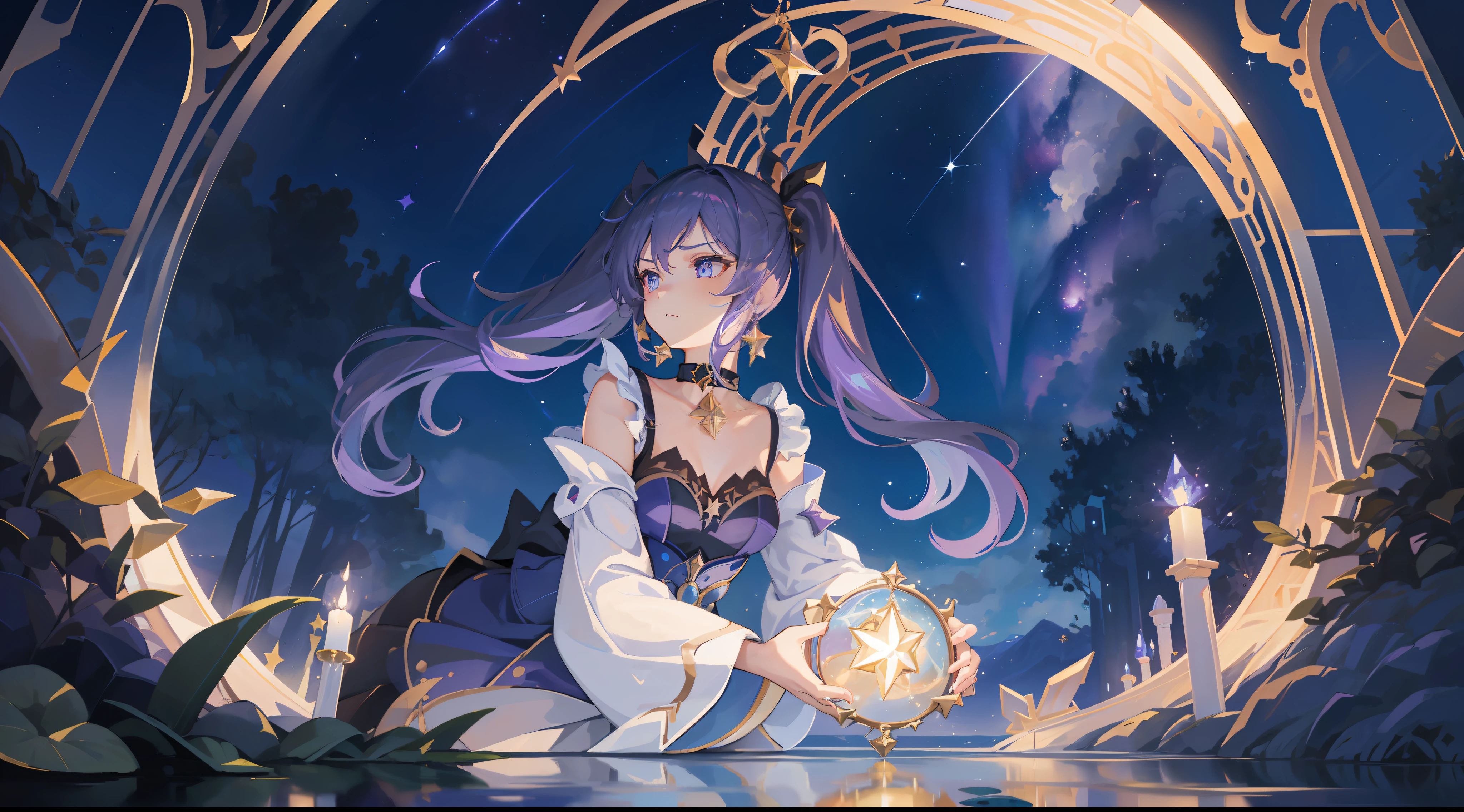 girl, located in the corner, looking at the sky, solo, Mona \(Genshin Impact\), choker, hair between eyes, star \(symbol\), long hair, dark purple hair, twintails, blue eyes, shining eyes, jewelry, witch, maid, bangs, purple black dress, purple skirt, white apron, landscape, night sky, star \(sky\), starry sky, night, outdoor, clouds, reflection, water, magic, tarot, water magic, ((beautiful golden crystal star)),  space, water droplets, splash