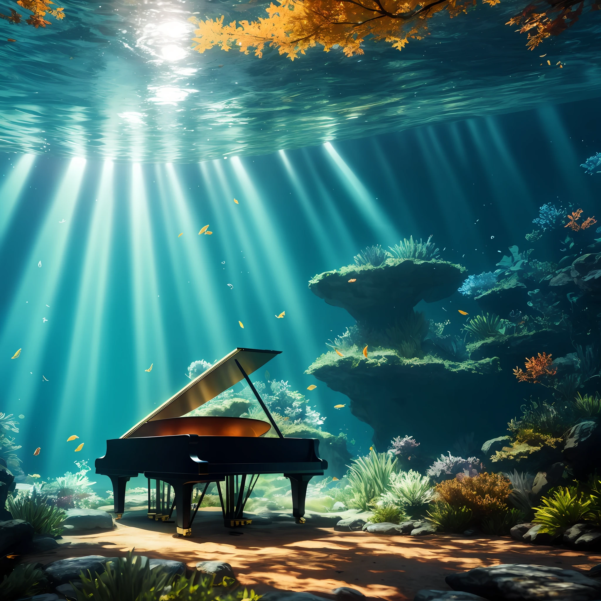 woman playing piano underwater in autumn forest, ultra-detailed, cinematic, photoshoot, shot on 25 mm lens, depth of field, tilt blur, shutter speed 1/ 1000, F/22, White Balance, 32k, Super Resolution , Pro Photo RGB, Partial Back Light, Backlight, Dramatic Light, Incandescent, Soft Light, Volumetric, Conte-Jour, Global Illumination, Screen Space Global Illumination , Scattering, Shadows, Rough, Shimmering, Lumen Reflections, Screen Space Reflections, Diffraction Grading , Chromatic Aberration, GB Offset, Sweep Lines, Ambient Occlusion, Anti-aliasing, FKAA, TXAA, RTX, SSAO, OpenGL-Shader's, Post-Processing, Post-Production, Cell Shading, Tone Mapping, CGI, VFX, SFX, incredibly detailed and intricate, hyper maximalist, elegant, dynamic pose, photography, volumetric, ultra-detailed, intricate details, super detailed, ambi entity –uplight