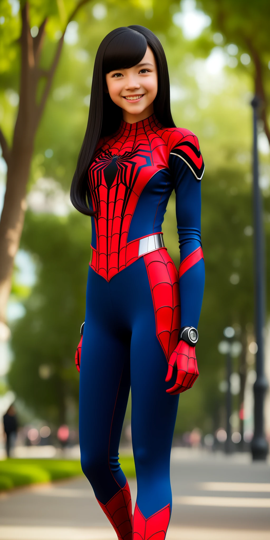 4k, realistic, charismatic, very detailed, there is a girl in the park in an EAE Man costume, she is Spider-Man, superhero theme, long black hair, 11 years old, full body, young girl figure, thick legs, long feet, childish, innocent smile