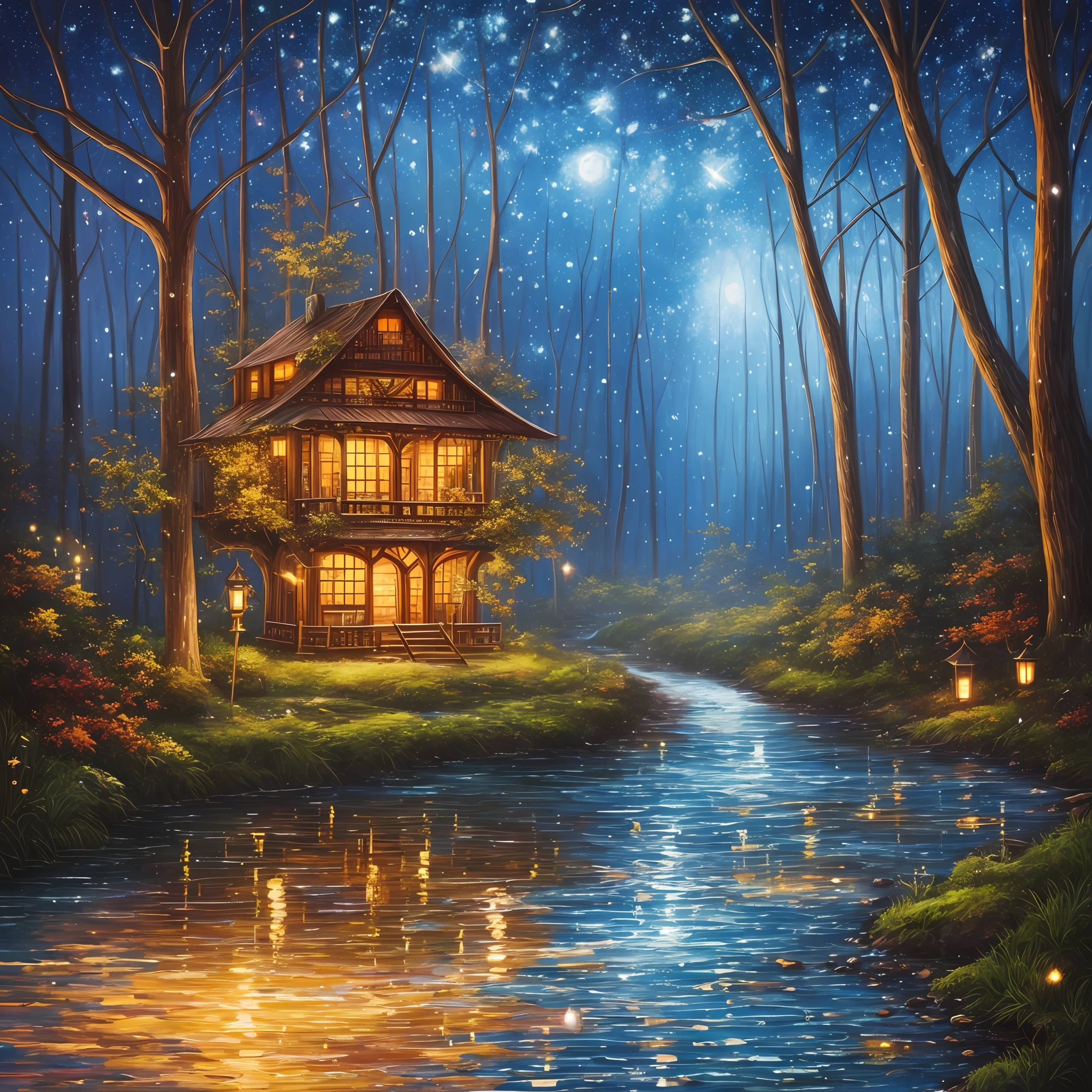 Oil painting style, fairy tale, healing, warmth, dream forest, tree house, fireflies lingering, best quality, best landscape, soft, high resolution, glowing particles, river flowing with water waves, ray tracing, irregularity, Octane rendering --auto --s2