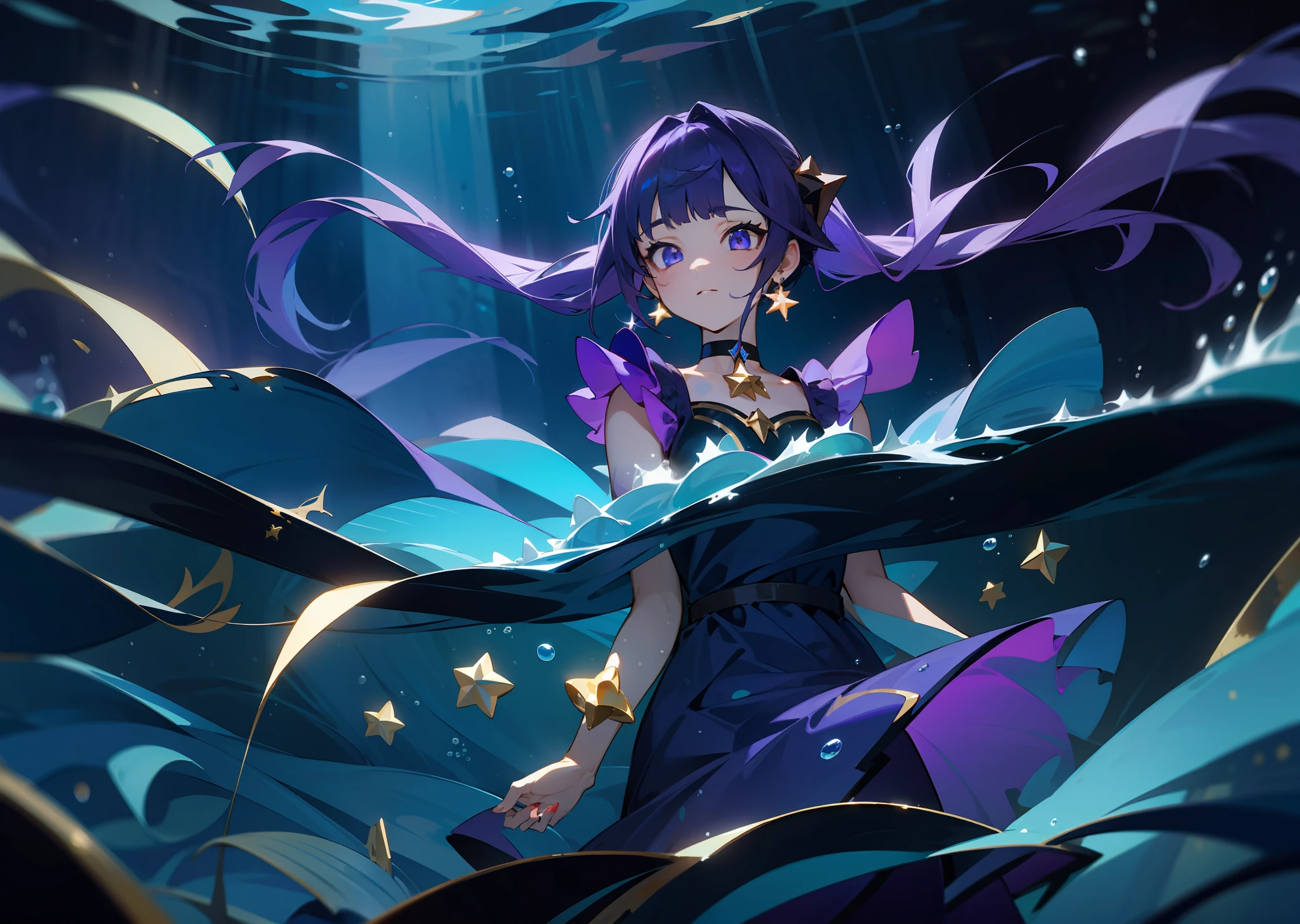 (1girl), ((underwater)), illustration, Mona \(Genshin Impact\), choker, star \(symbol\), long hair, dark purple hair, ponytails, blue eyes, shining eyes, glowing eyes, eyes with stars, earrings, gold jewelry, purple skirt, purple dress, white apron, bangs, floating dress, landscape, night, reflection, water, magic, deep sea, darkness underwater, swimming, drowning, drowning, radiance, space, star explosion