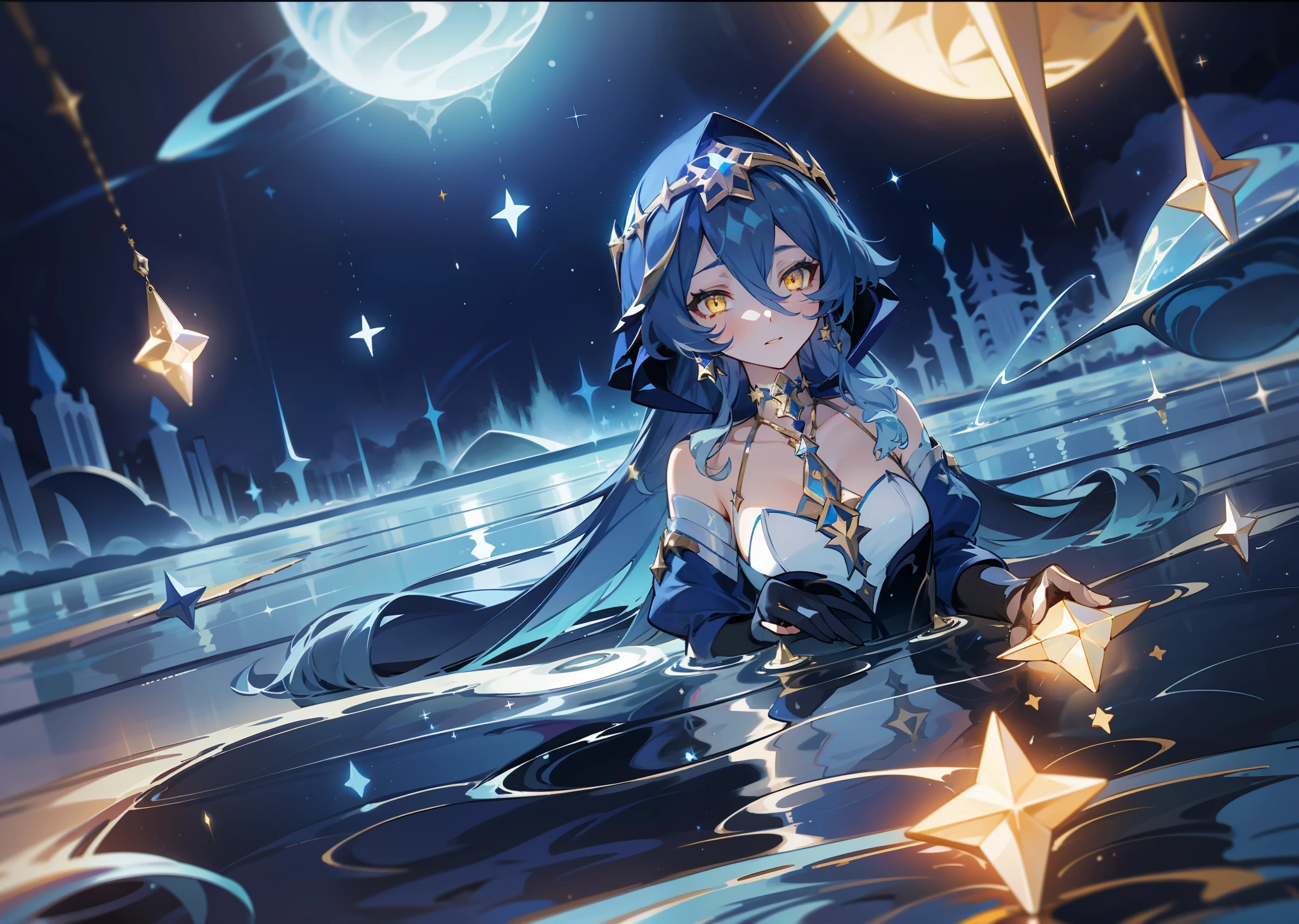 (1girl), illustration, Layla \(Genshin Impact\), choker, star \(symbol\), golden eyes, yellow eyes, glowing eyes, eyes with stars, earrings, gold jewelry, blue skirt, blue dress, landscape, night, reflection, water, magic, deep sea, swimming, drowning, drowning, radiance, space, star explosion