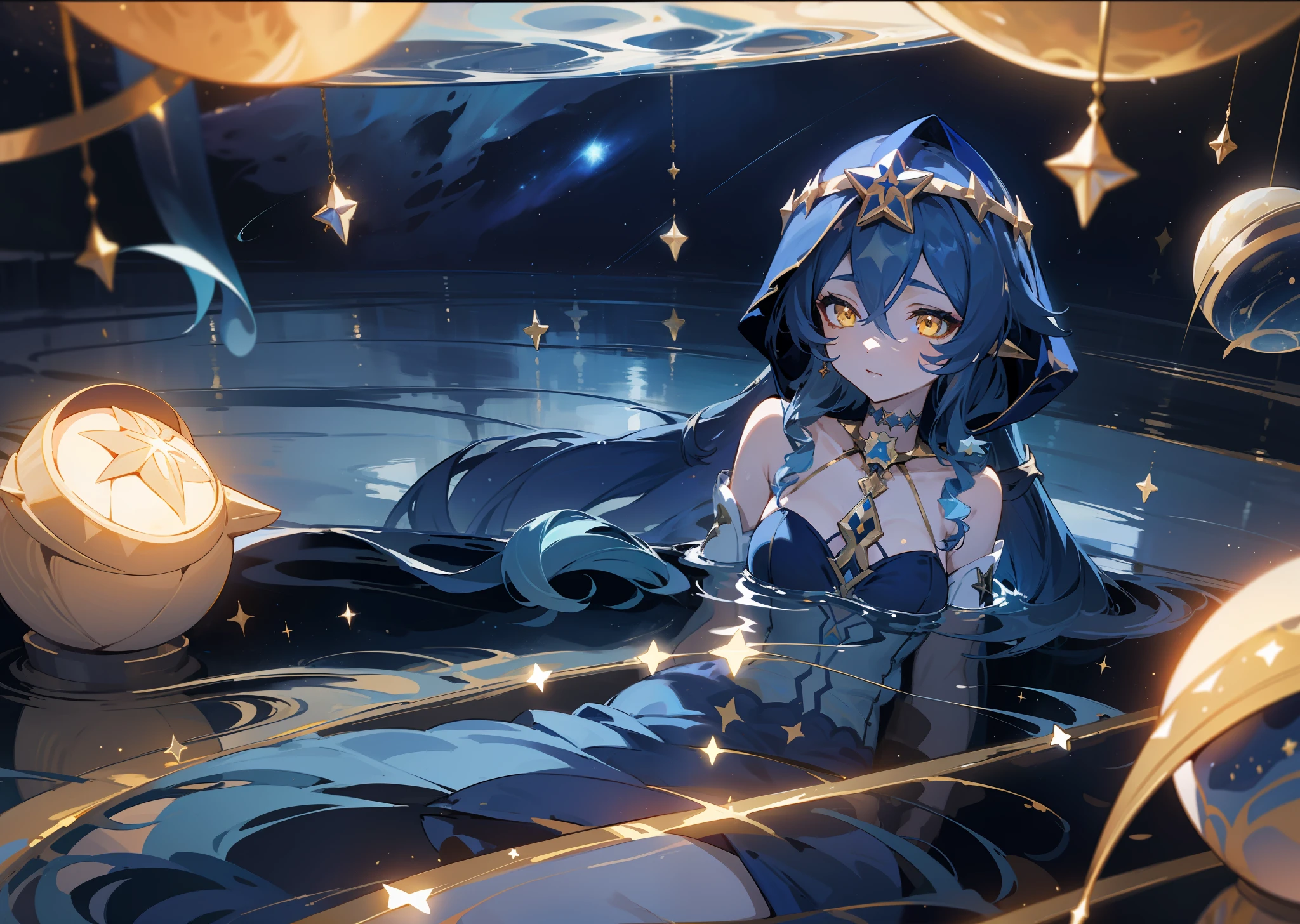(1girl), illustration, Layla \(Genshin Impact\), choker, star \(symbol\), golden eyes, yellow eyes, glowing eyes, eyes with stars, earrings, gold jewelry, blue skirt, blue dress, landscape, night, reflection, water, magic, deep sea, swimming, drowning, drowning, radiance, space, star explosion