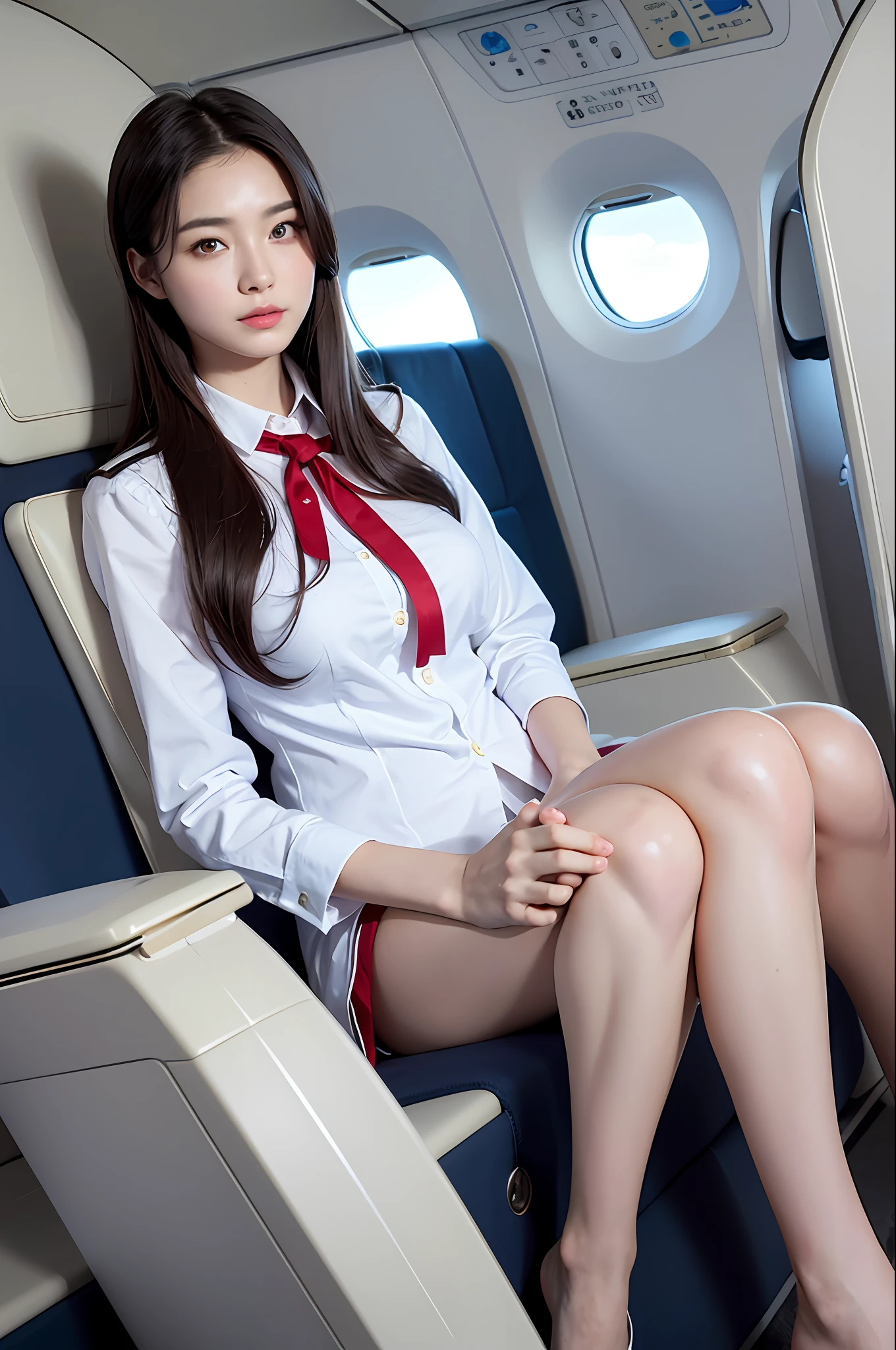 Top Quality, Masterpiece, 8K, Ultra High Definition, (Photorealistic: 1.4), 1 Girl, Beautiful Face, Symmetrical Eyes, Big, Perfect Body Proportions, Stewardess Uniform, Viewer's Look, (Inside the Airplane: 1.2), Front View, Shoulder Jump, Absolute Area (1.3),