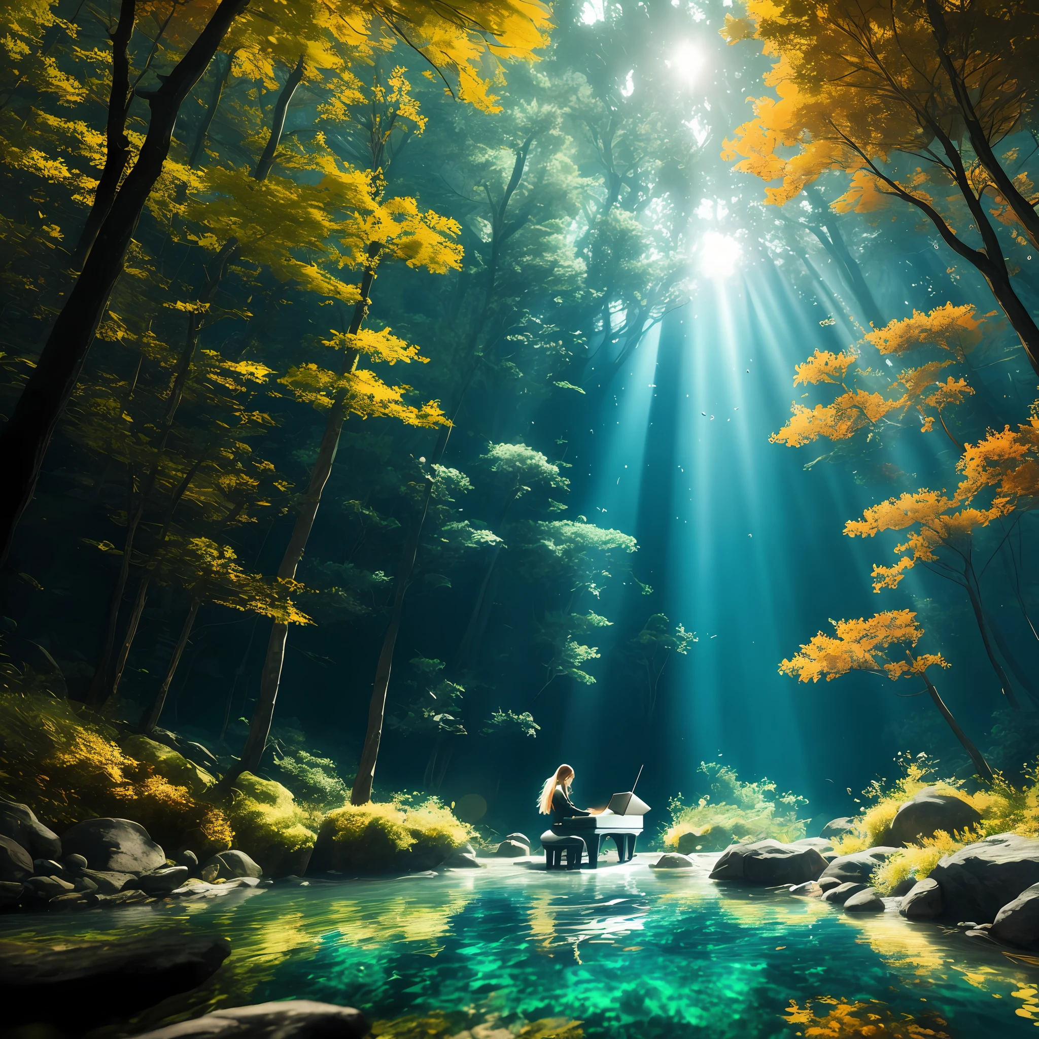 woman playing piano underwater in autumn forest, ultra-detailed, cinematic, photoshoot, shot on 25 mm lens, depth of field, tilt blur, shutter speed 1/ 1000, F/22, White Balance, 32k, Super Resolution , Pro Photo RGB, Partial Back Light, Backlight, Dramatic Light, Incandescent, Soft Light, Volumetric, Conte-Jour, Global Illumination, Screen Space Global Illumination , Scattering, Shadows, Rough, Shimmering, Lumen Reflections, Screen Space Reflections, Diffraction Grading , Chromatic Aberration, GB Offset, Sweep Lines, Ambient Occlusion, Anti-aliasing, FKAA, TXAA, RTX, SSAO, OpenGL-Shader's, Post-Processing, Post-Production, Cell Shading, Tone Mapping, CGI, VFX, SFX, incredibly detailed and intricate, hyper maximalist, elegant, dynamic pose, photography, volumetric, ultra-detailed, intricate details, super detailed, ambi entity –uplight