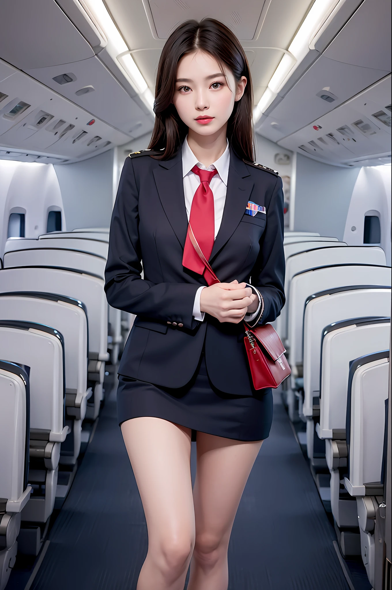 Top Quality, Masterpiece, 8K, Ultra High Definition, (Photorealistic: 1.4), 1 Girl, Beautiful Face, Symmetrical Eyes, Big, Perfect Body Proportions, Stewardess Uniform, Viewer's Look, (Inside the Airplane: 1.2), Front View, Shoulder Jump, Absolute Area (1.3),