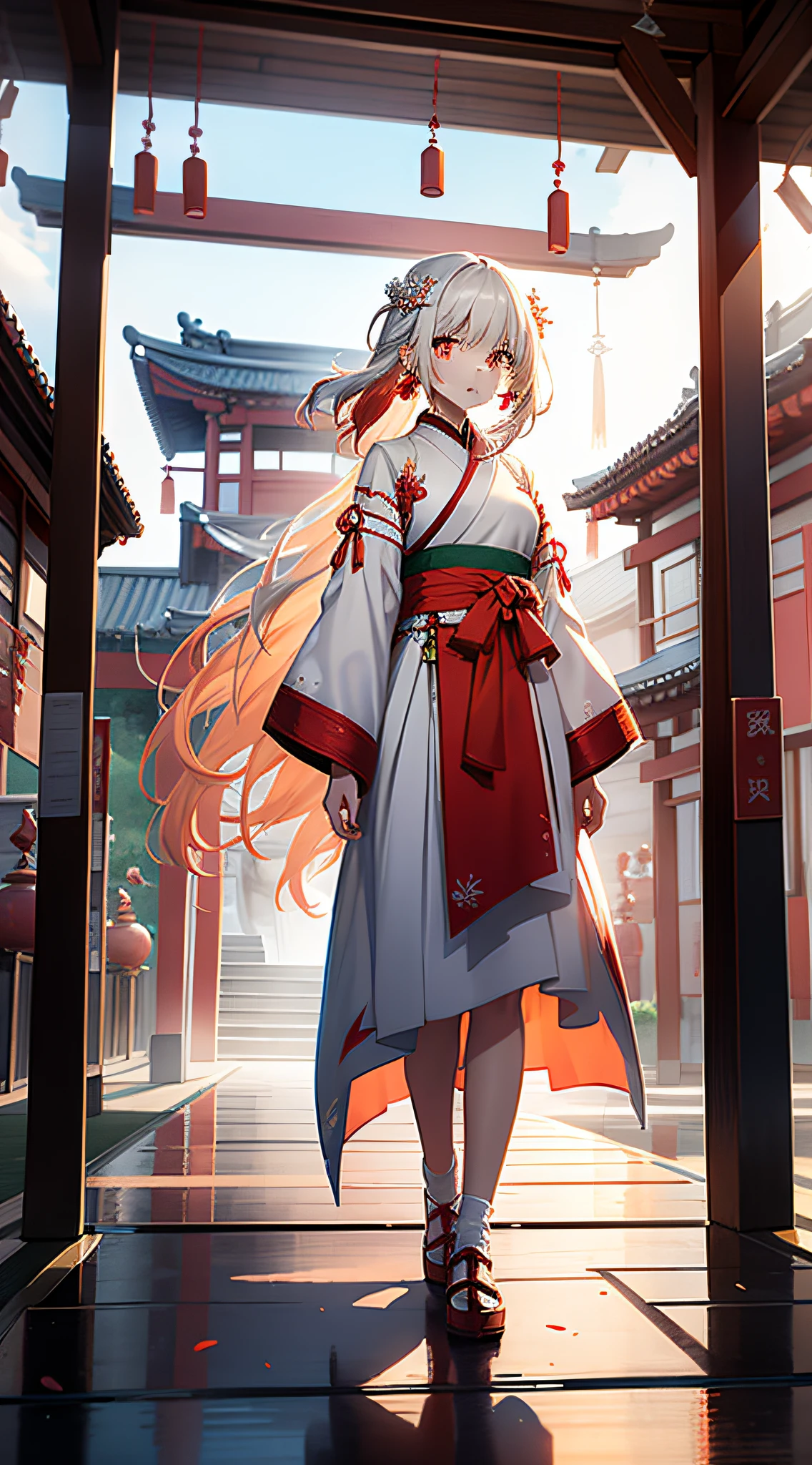 Girl, long white hair, orange pupils, aqua-blue snowflake hair ornaments, red fringed earrings, red and white Hanfu, standing in a long pavilion, with copper wind chimes hanging on the edge of the eaves