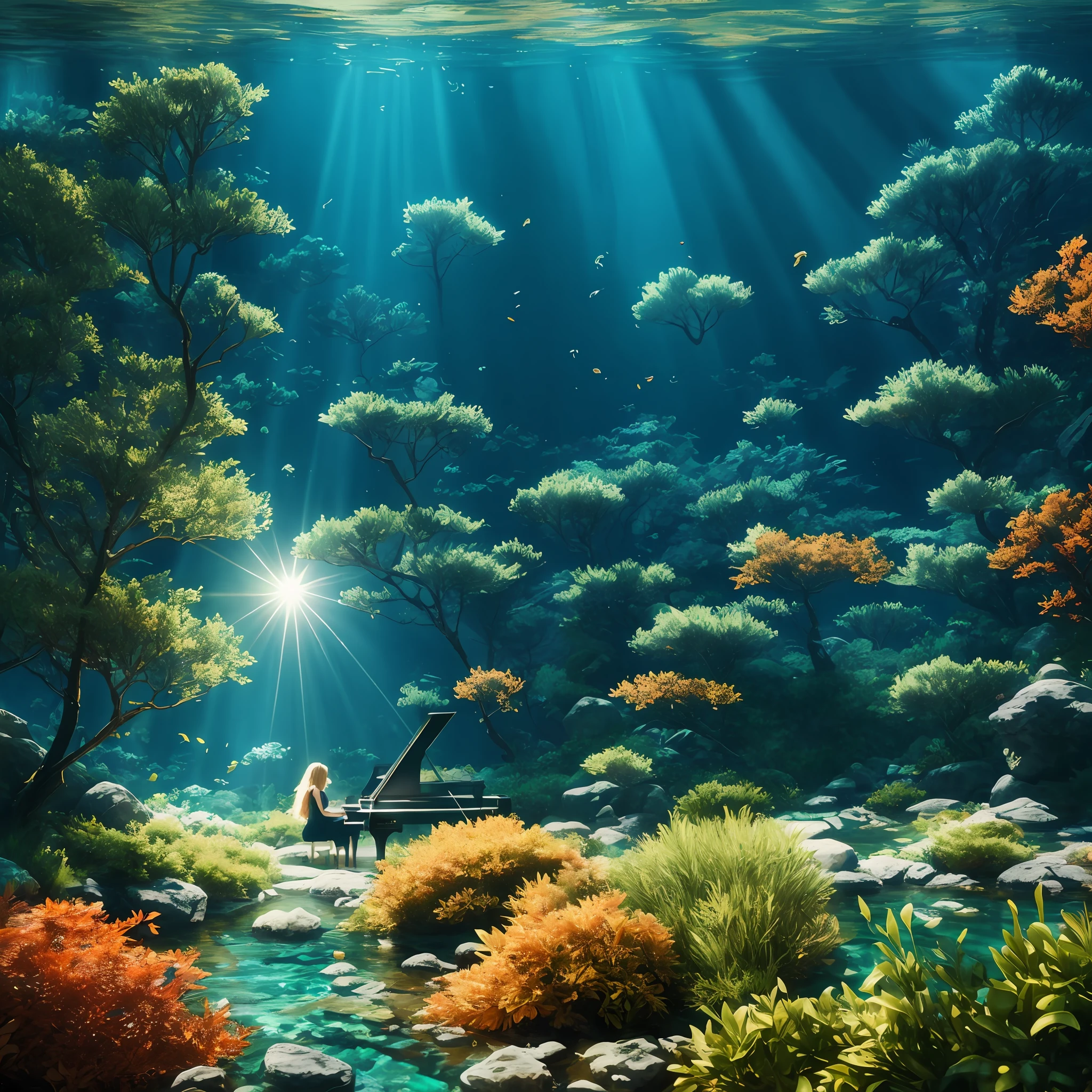 woman playing piano underwater in autumn forest, ultra-detailed, cinematic, photoshoot, shot on 25 mm lens, depth of field, tilt blur, shutter speed 1/ 1000, F/22, White Balance, 32k, Super Resolution , Pro Photo RGB, Partial Back Light, Backlight, Dramatic Light, Incandescent, Soft Light, Volumetric, Conte-Jour, Global Illumination, Screen Space Global Illumination , Scattering, Shadows, Rough, Shimmering, Lumen Reflections, Screen Space Reflections, Diffraction Grading , Chromatic Aberration, GB Offset, Sweep Lines, Ambient Occlusion, Anti-aliasing, FKAA, TXAA, RTX, SSAO, OpenGL-Shader's, Post-Processing, Post-Production, Cell Shading, Tone Mapping, CGI, VFX, SFX, incredibly detailed and intricate, hyper maximalist, elegant, dynamic pose, photography, volumetric, ultra-detailed, intricate details, super detailed, ambi entity –uplight
