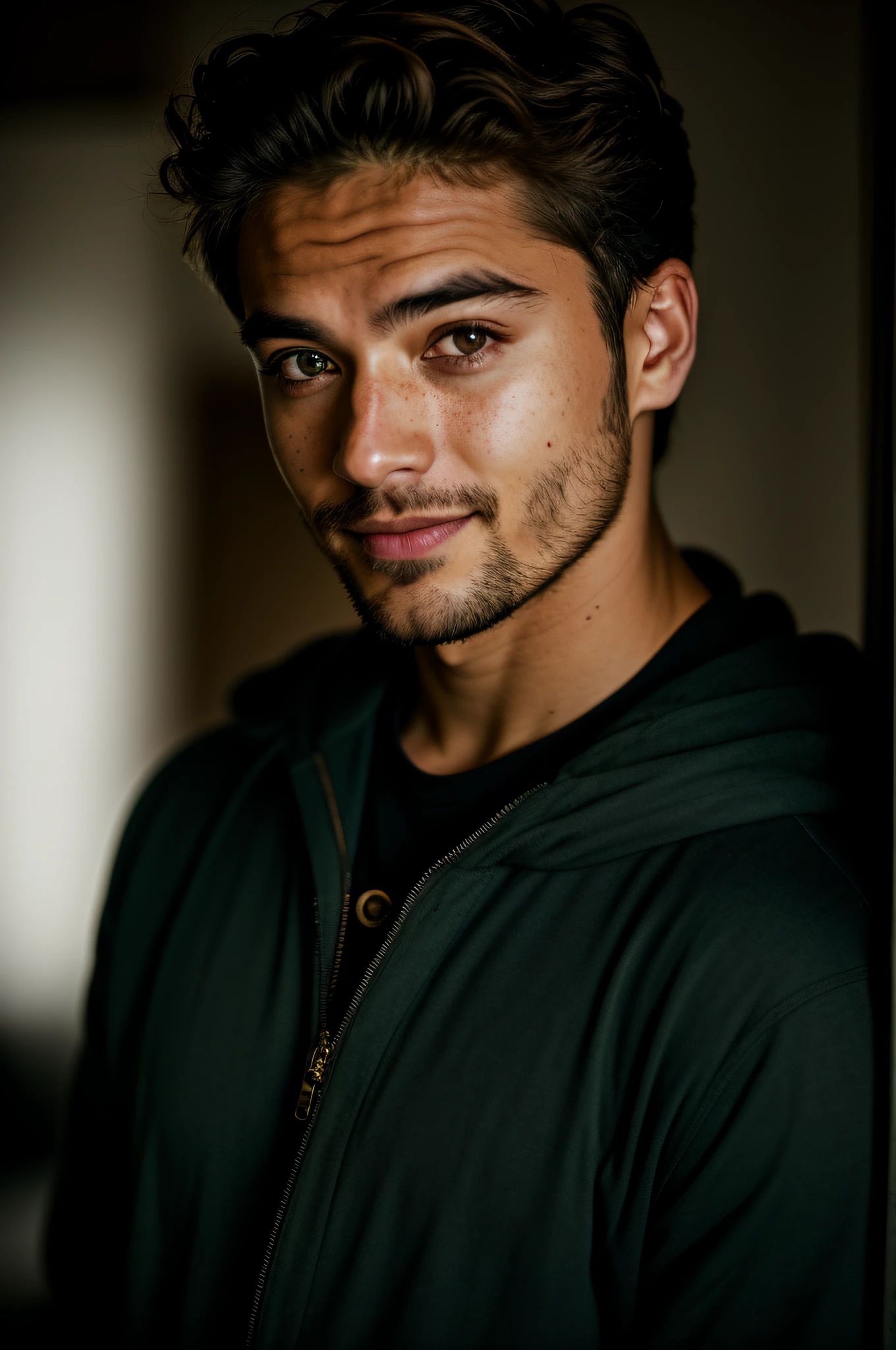 (RAW photo) night scene, close-up photo of a sexy man, posing, looking at the viewer, smiling, handsome young face, 18 yo, soft volumetric lights, soft key and fill lighting, (backlit: 1.3), (cinematic: 1.3), intricate details, (ArtStation: 1.2), skin spots, (freckles: 0.9), detailed eyes, micro details, FUJI XT3, photorealistic, photorealism