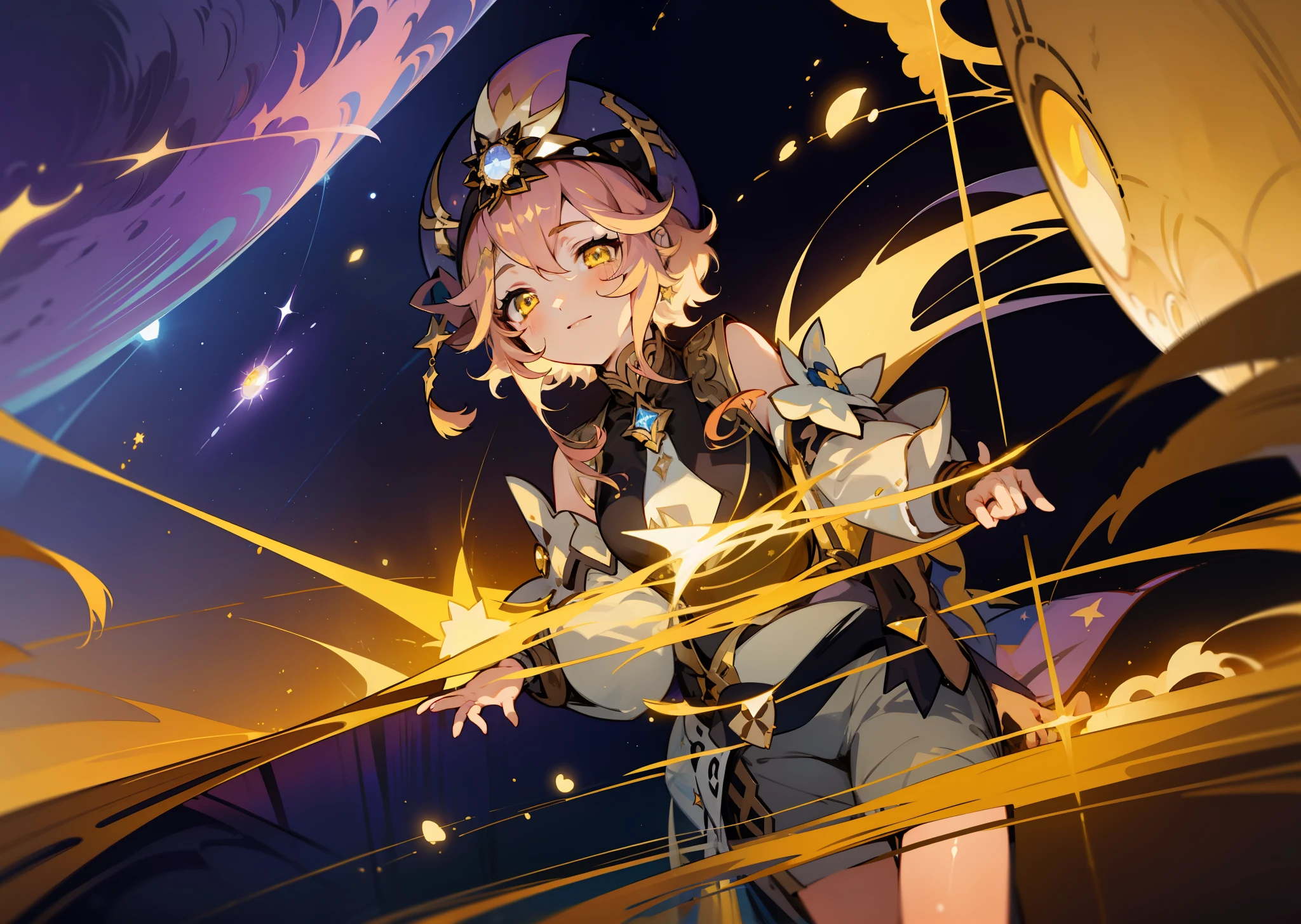 (1girl), illustration, Dori \(Genshin Impact\), star \(symbol\), golden eyes, yellow eyes, glowing eyes, gold jewelry, landscape, night, reflection, water, magic, drowning, radiance, space, star explosion