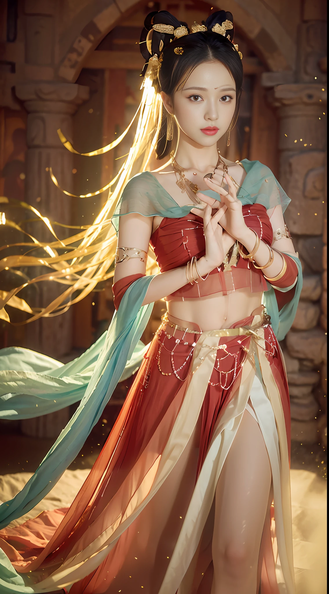 (8k, RAW photo, best quality, masterpiece:1.2), (realistic, photo-realistic:1.4), (extremely detailed CG unity 8k wallpaper), (1 girl:1.5), Western beauty, (Red clothes: 1.4), red spots on forehead, pale skin, blush, big eyes, full body, thighs, open navel, gold waist chain, gold jewelry, flying ribbons, particles, background is Loulan ancient city, ancient city wall, desert, dance, dunhuang_dress, dunhuang_style,