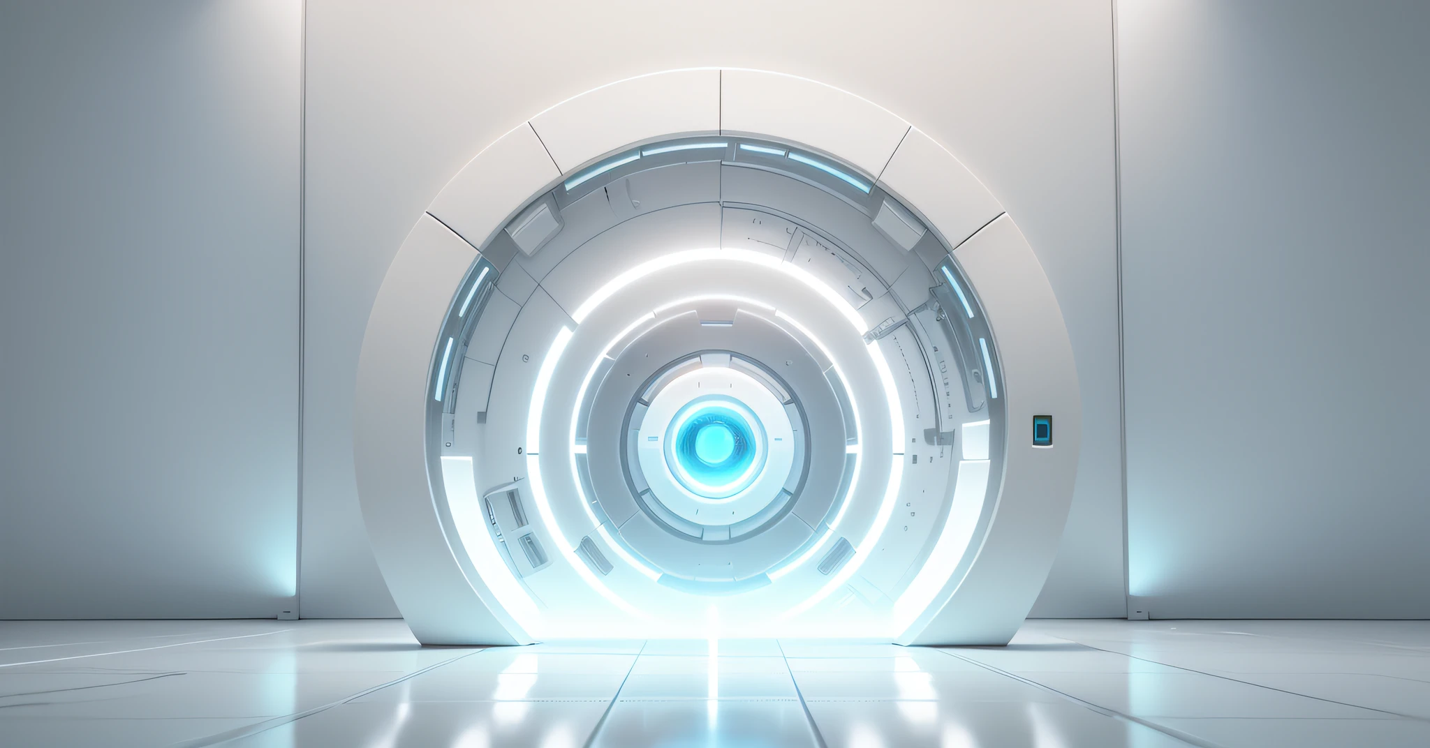 Wide and grand white futuristic AI square, glowing circular portal with a robot in front of it, white, light signal, circuit, vista, empty, light signal, circuit, transparent glass texture, 3D, bright white background, overlook, dot perspective, light technology, masterpiece, high detail, best quality, high quality, very detailed CG unity 8k wallpaper,
