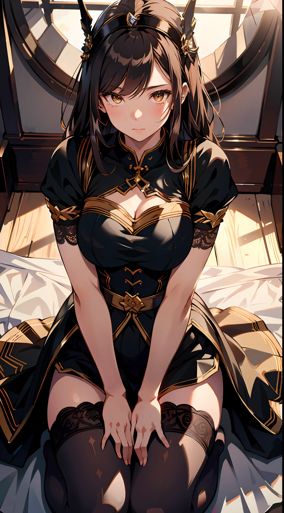 absurd res, high res, (masterpiece:1.4), ultra-detailed, 1girl, from above, space, floating, Chinese dress, red dress, stockings, black hair, yellow eyes, garter belt, black pantyhose, stockings, kneeling (Masterpiece:1.2), best quality, (illustration:1.2), (ultra-detailed), hyper details, (delicate detailed),(focus on panties), black lace panties, spread legs,lace stockings, perky, (intricate details), (cinematic light, best quality Backlights), clear line, from below, solo female, perfect body, (1girl), brown hair, glowing yellow eyes, (emperor, black see-through clothes),(crown:1.1), sitting on Throne, slightly close eyes, looking downward, turn head, ( embarrassed:1.2), ((makeup)), high contrast, (best illumination, an extremely delicate and beautiful), ((cinematic light)), colorful,