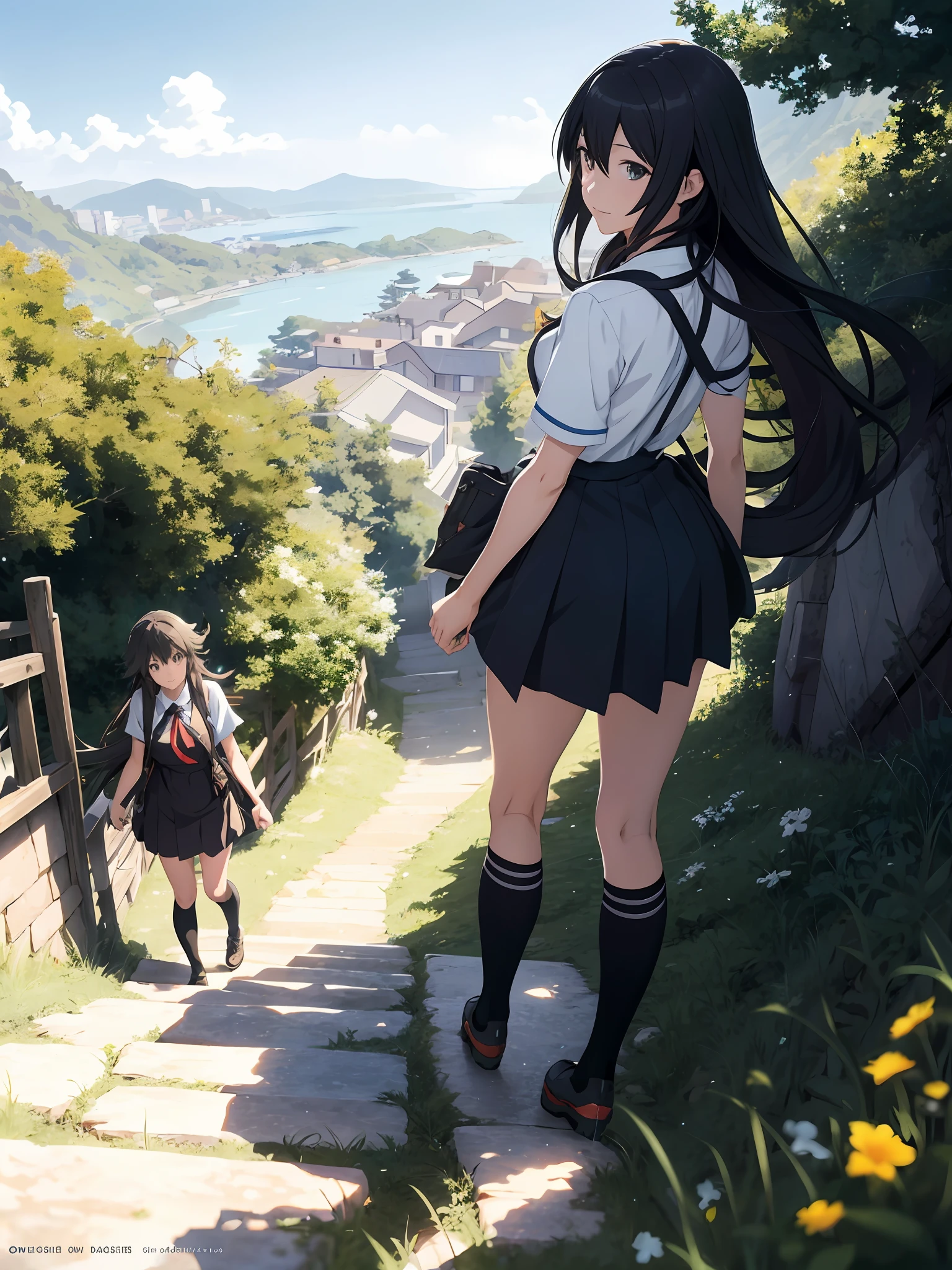 anime girl with long hair walking up a steep hill, kantai collection style, beautiful anime, anime style 4 k, beautiful anime high school girl, beautiful anime girl, makoto shinkai style, young anime girl, 4k anime wallpaper, makoto shinkai and artgerm, makoto shinkai art style, anime visual of a cute girl