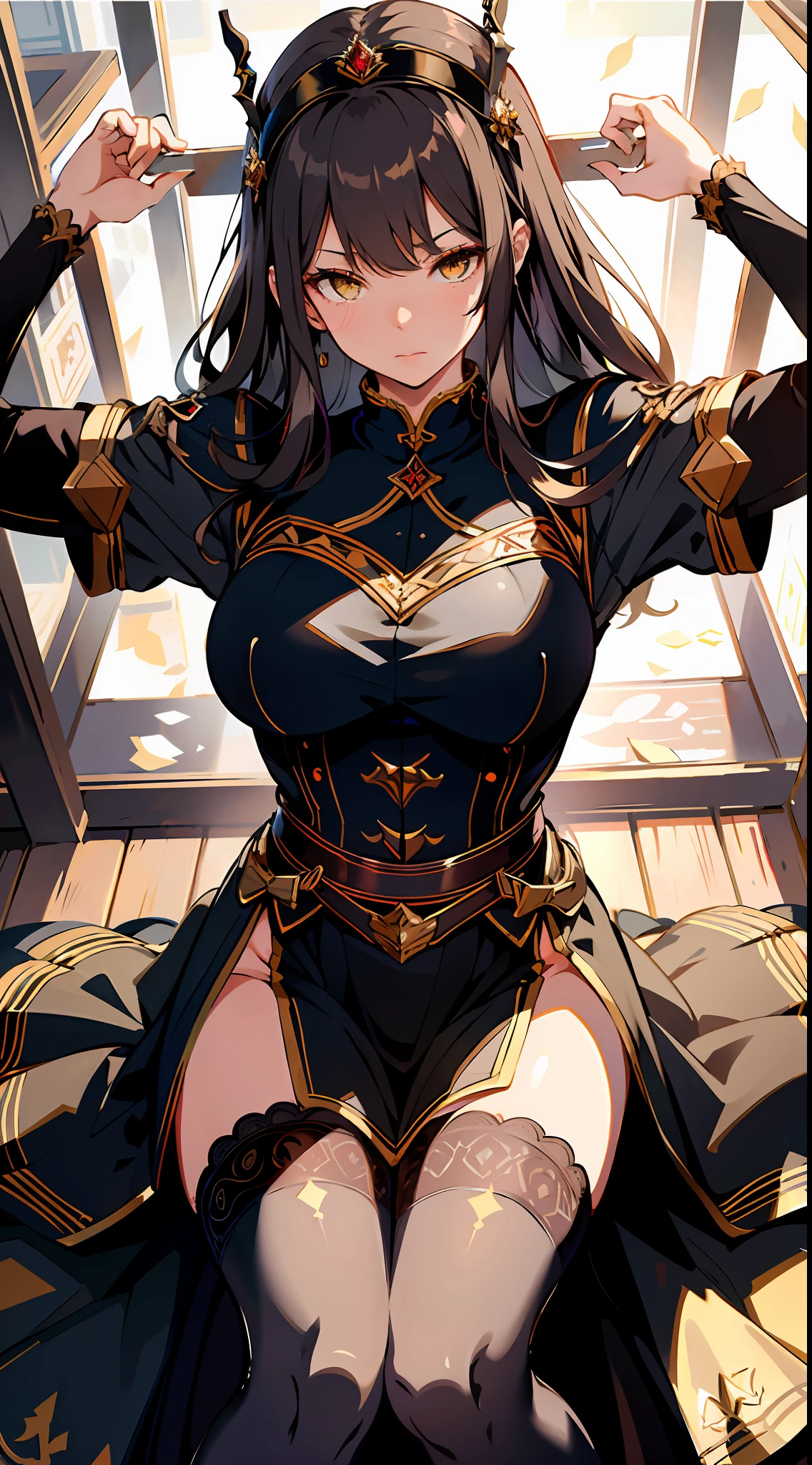 absurd res, high res, (masterpiece:1.4), ultra-detailed, 1girl, from above, space, floating, Chinese dress, red dress, stockings, black hair, yellow eyes, garter belt, black pantyhose, stockings, kneeling (Masterpiece:1.2), best quality, (illustration:1.2), (ultra-detailed), hyper details, (delicate detailed),(focus on panties), black lace panties, spread legs,lace stockings, perky, (intricate details), (cinematic light, best quality Backlights), clear line, from below, solo female, perfect body, (1girl), brown hair, glowing yellow eyes, (emperor, black see-through clothes),(crown:1.1), sitting on Throne, slightly close eyes, looking downward, turn head, ( embarrassed:1.2), ((makeup)), high contrast, (best illumination, an extremely delicate and beautiful), ((cinematic light)), colorful,