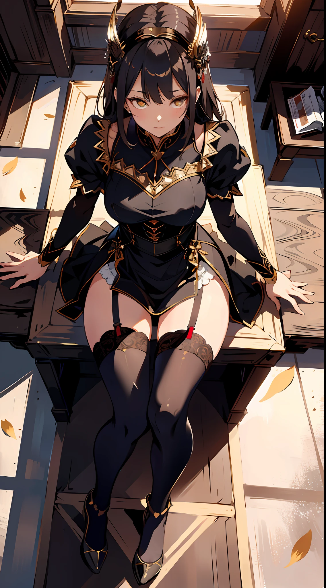 absurd res, high res, (masterpiece:1.4), ultra-detailed, 1girl, from above, space, floating, Chinese dress, red dress, stockings, black hair, yellow eyes, garter belt, black pantyhose, stockings, kneeling (Masterpiece:1.2), best quality, (illustration:1.2), (ultra-detailed), hyper details, (delicate detailed),(focus on panties), black lace panties, spread legs,lace stockings, perky, (intricate details), (cinematic light, best quality Backlights), clear line, from below, solo female, perfect body, (1girl), brown hair, glowing yellow eyes, (emperor, black see-through clothes),(crown:1.1), sitting on Throne, slightly close eyes, looking downward, turn head, ( embarrassed:1.2), ((makeup)), high contrast, (best illumination, an extremely delicate and beautiful), ((cinematic light)), colorful,