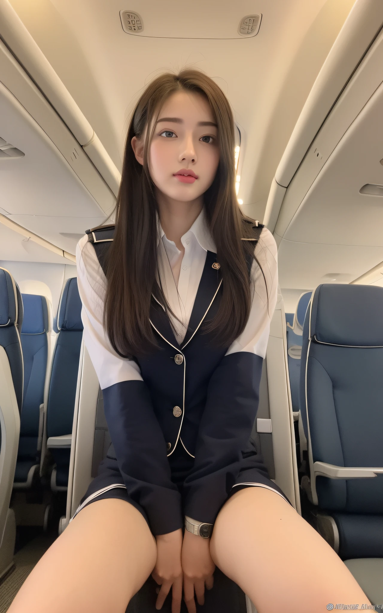 Top Quality, Masterpiece, 8K, Ultra High Definition, (Photorealistic: 1.4), 1 Girl, Beautiful Face, Symmetrical Eyes, Colossal, Perfect Body Proportions, Stewardess Uniform, Watch Viewer, (Inside the Airplane: 1.2), Front View, Shoulder Look, (Absolute Area: 1.6), (Spread Your Legs: 1.3)