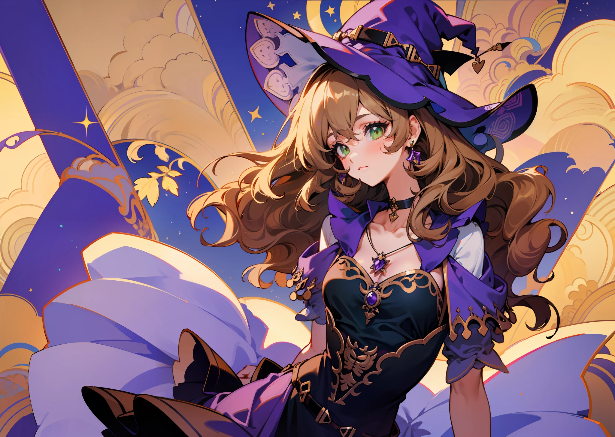 green eyes, brown hair, wavy hair, witch, choker, hair between eyes, jewelry, purple skirt, black dress,
