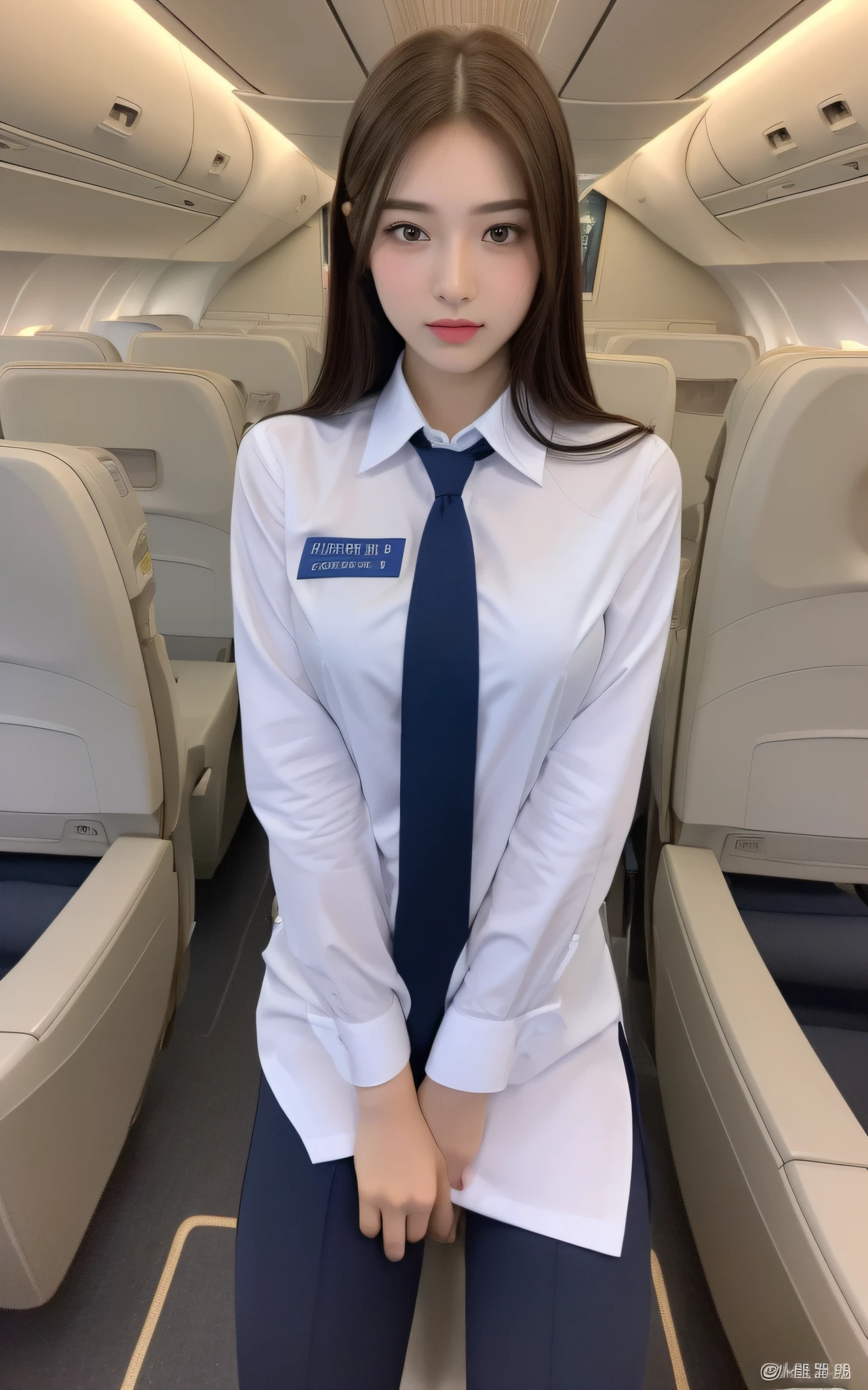 Top Quality, Masterpiece, 8K, Ultra High Definition, (Photorealistic: 1.4), 1 Girl, Beautiful Face, Symmetrical Eyes, Colossal, Perfect Body Proportions, Stewardess Uniform, Watch Viewer, (Inside the Airplane: 1.2), Front View, Shoulder Look, (Absolute Area: 1.6), (Spread Your Legs: 1.3)