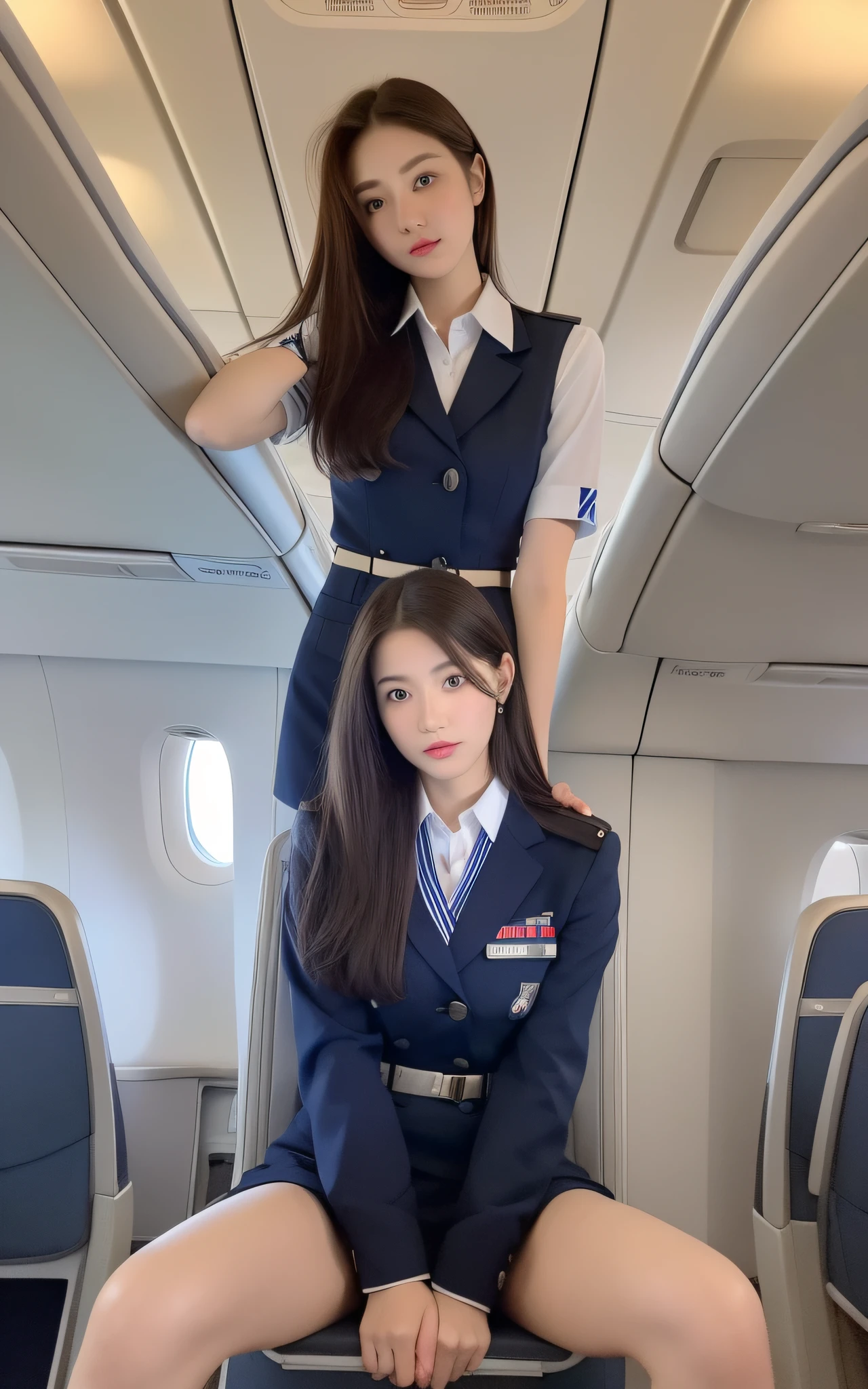 Top Quality, Masterpiece, 8K, Ultra High Definition, (Photorealistic: 1.4), 1 Girl, Beautiful Face, Symmetrical Eyes, Colossal, Perfect Body Proportions, Stewardess Uniform, Watch Viewer, (Inside the Airplane: 1.2), Front View, Shoulder Look, (Absolute Area: 1.6), (Spread Your Legs: 1.3)