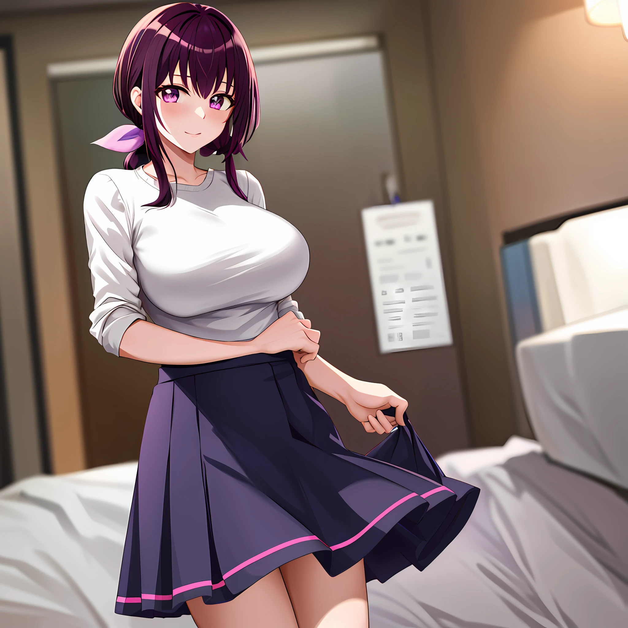 (Day:1.2) masterpiece, best quality, highres, hi1, purple hair, purple eyes, large breasts, hair bow, skirt, white shirt, cowboy shot,