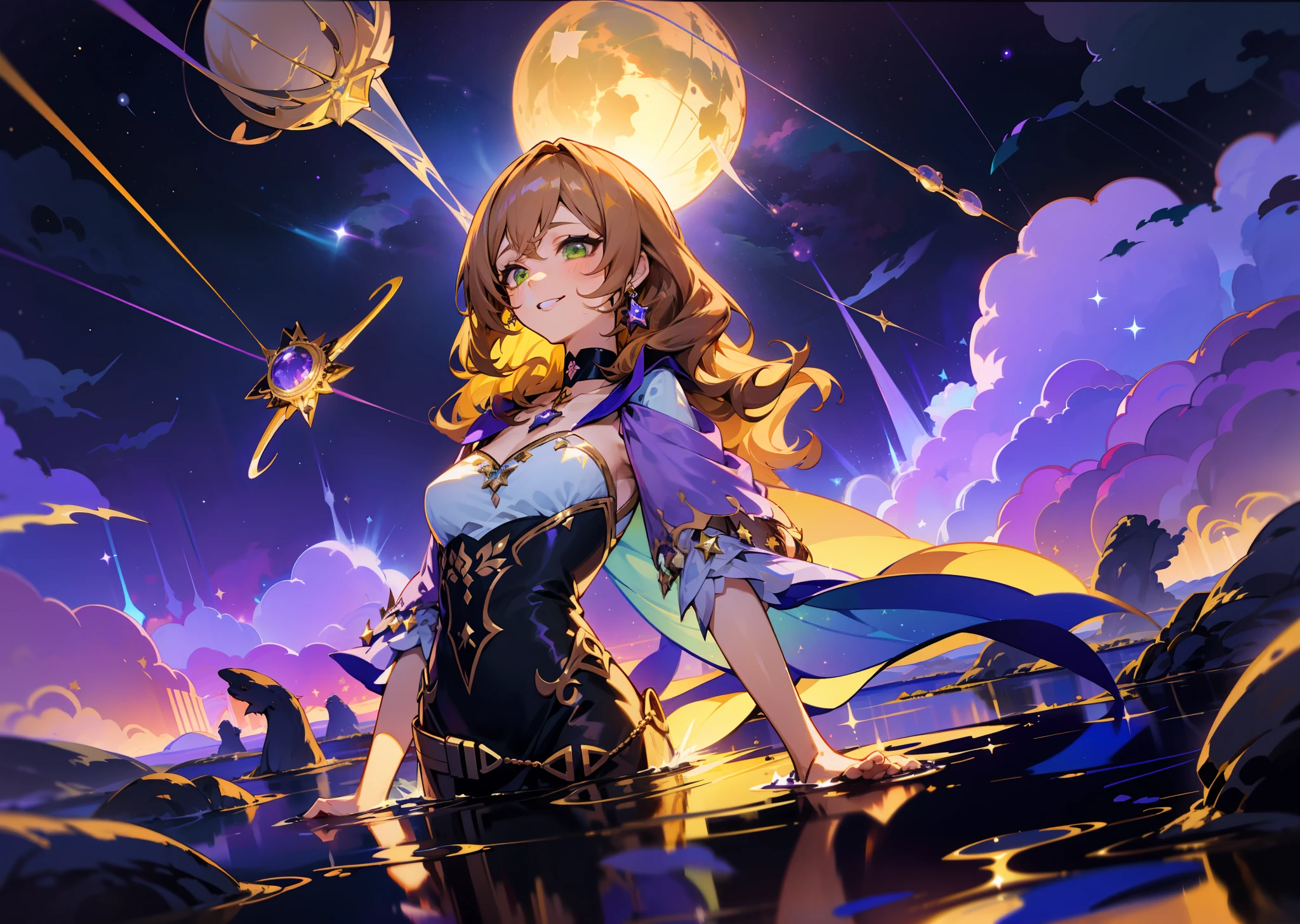 (1girl), illustration, Layla \(Genshin Impact\), choker, star \(symbol\), green eyes, brown hair, wavy hair, witch, choker, hair between eyes, jewelry, purple skirt, black dress, earrings, gold jewelry, wide smile, smile, laughter, sexy, landscape, night, reflection, water, magic, drowning, radiance, space, star explosion