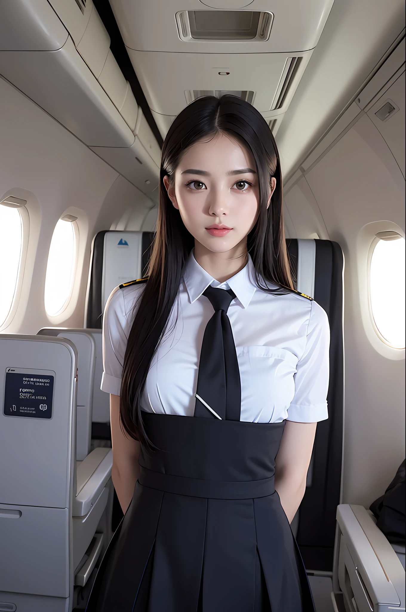Top Quality, Masterpiece, 8K, Ultra High Definition, (Photorealistic: 1.4), 1 Girl, Beautiful Face, Symmetrical Eyes, Big, Perfect Body Proportions, Stewardess Uniform, Viewer's Look, (Inside the Airplane: 1.2), Front View, Shoulder Jump, Absolute Area (1.3),