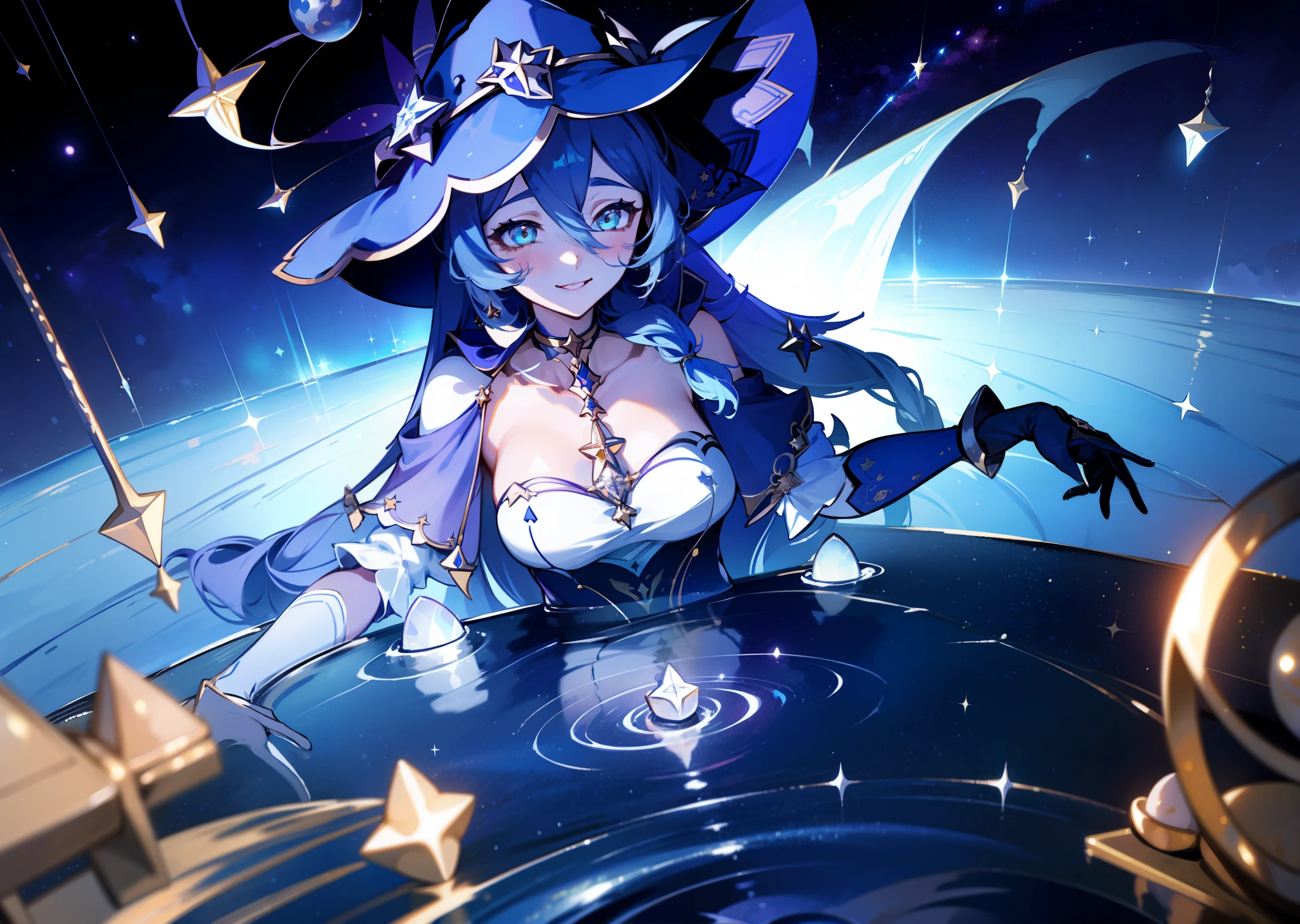 (3 girls), illustration, \(Genshin Impact\), choker, star \(symbol\), witch, earrings, gold jewelry, wide smile, smile, laughter, sexy, landscape, night, reflection, water, magic, drowning, radiance, space, star explosion, tarot, deep sea, glow