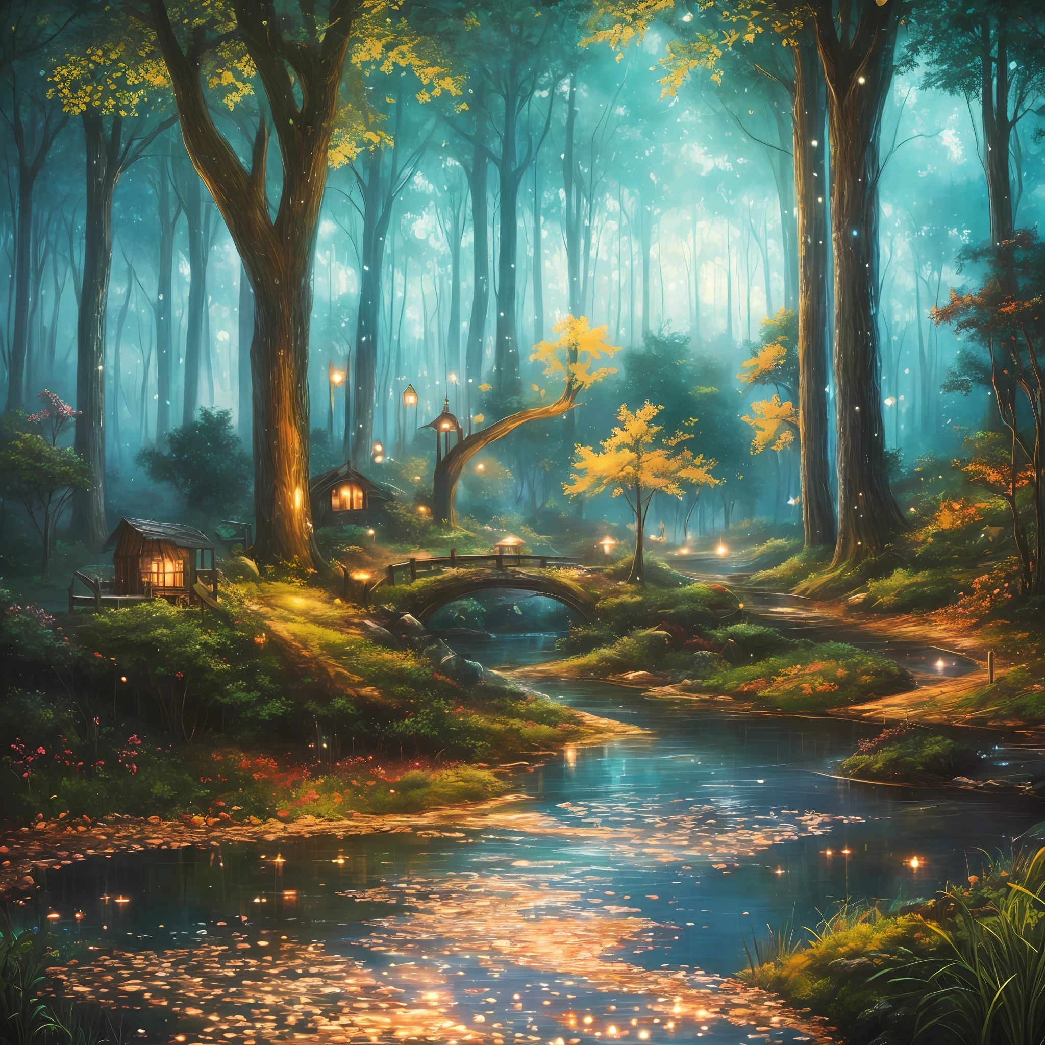 Oil painting style, fairy tale, healing, warmth, dream forest, tree house, fireflies lingering, best quality, best landscape, soft, high resolution, glowing particles, river flowing with water waves, ray tracing, irregularity, Octane rendering --auto --s2