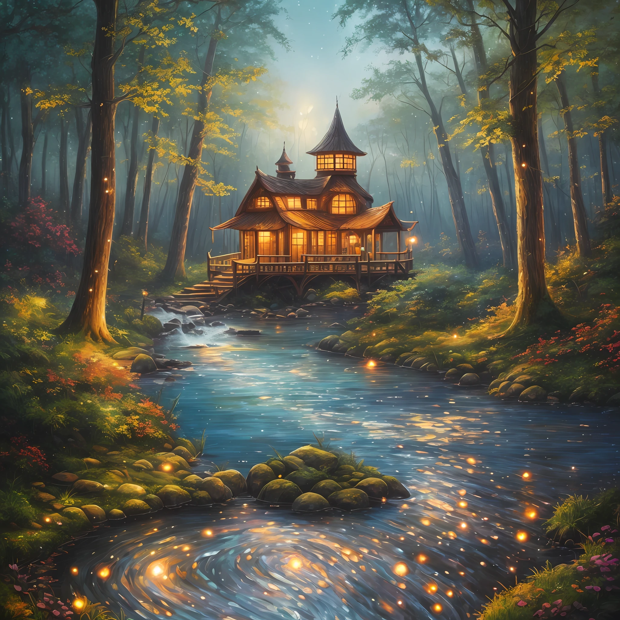 Oil painting style, fairy tale, healing, warmth, dream forest, tree house, fireflies lingering, best quality, best landscape, soft, high resolution, glowing particles, river flowing with water waves, ray tracing, irregularity, Octane rendering --auto --s2