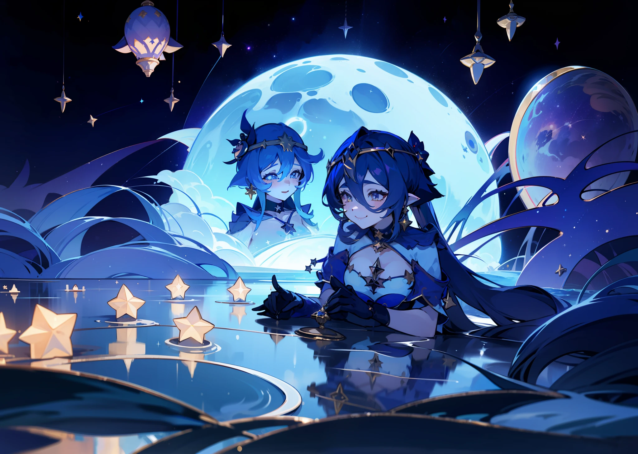 (3 girls), illustration, \(Genshin Impact\), choker, star \(symbol\), witch, earrings, gold jewelry, wide smile, smile, laughter, sexy, landscape, night, reflection, water, magic, drowning, radiance, space, star explosion, tarot, deep sea, glow