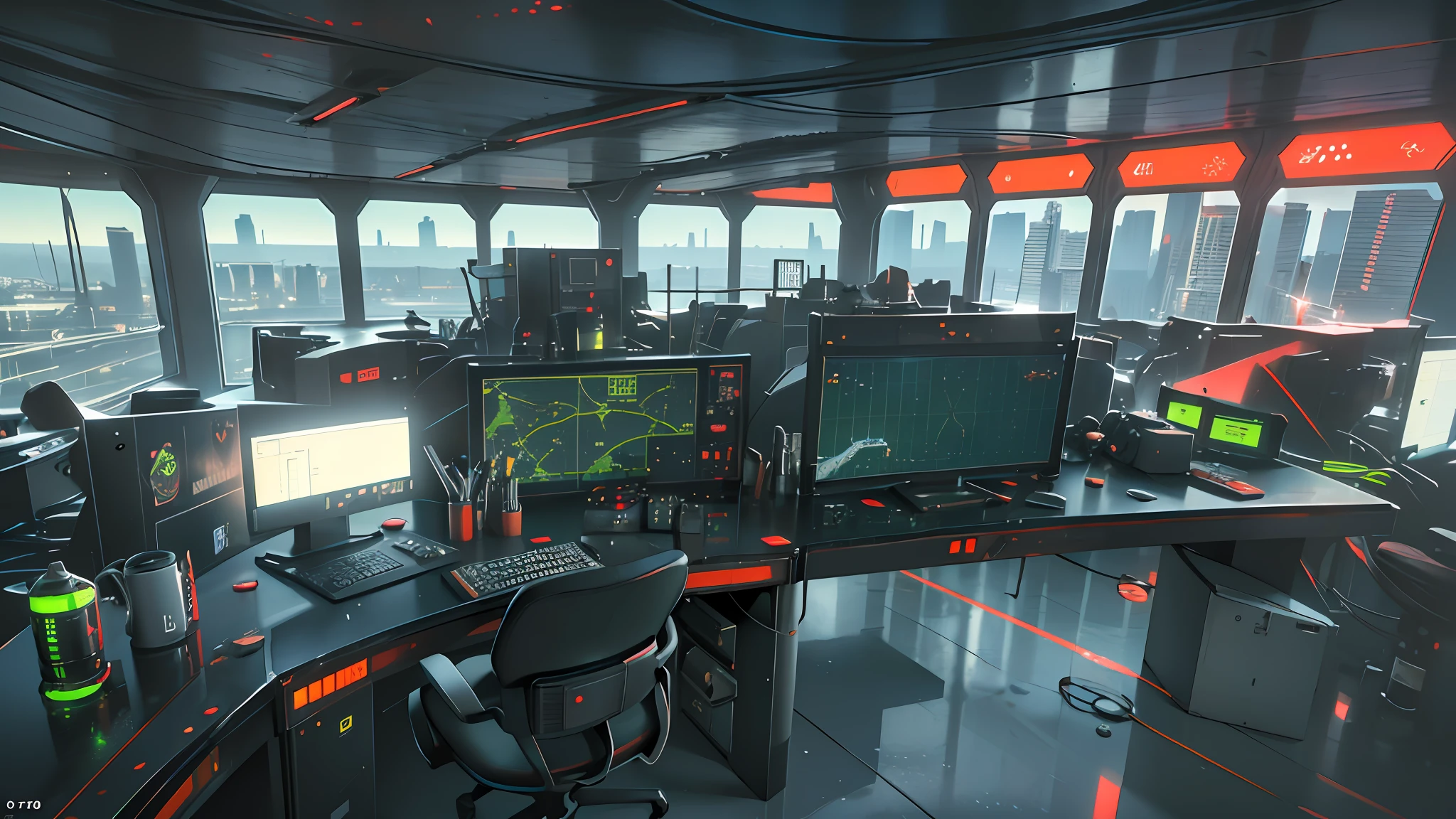 Photorealistic futuristic airport control tower room, sharp background with radars, sensors and people working, dark room with black walls and some green and red leds (few), low lighting, runways, terminals and planes are seen from the window, metal structures, best quality, masterpiece, blue sky, ((((photo)))), ((((photorealistic)))), wide shot. --auto --s2