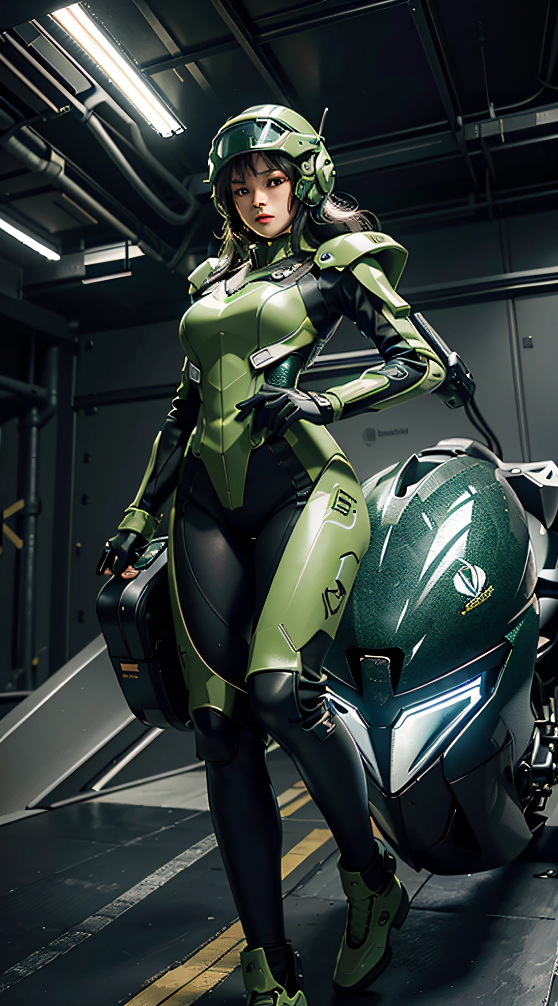 Highest image quality, outstanding details, ultra-high resolution, (realism: 1.4), the best illustration, favor details, highly condensed 1girl, with a delicate and beautiful face, dressed in a black and green mecha, wearing a mecha helmet, holding a directional controller, riding on a motorcycle, the background is a high-tech lighting scene of the future city.